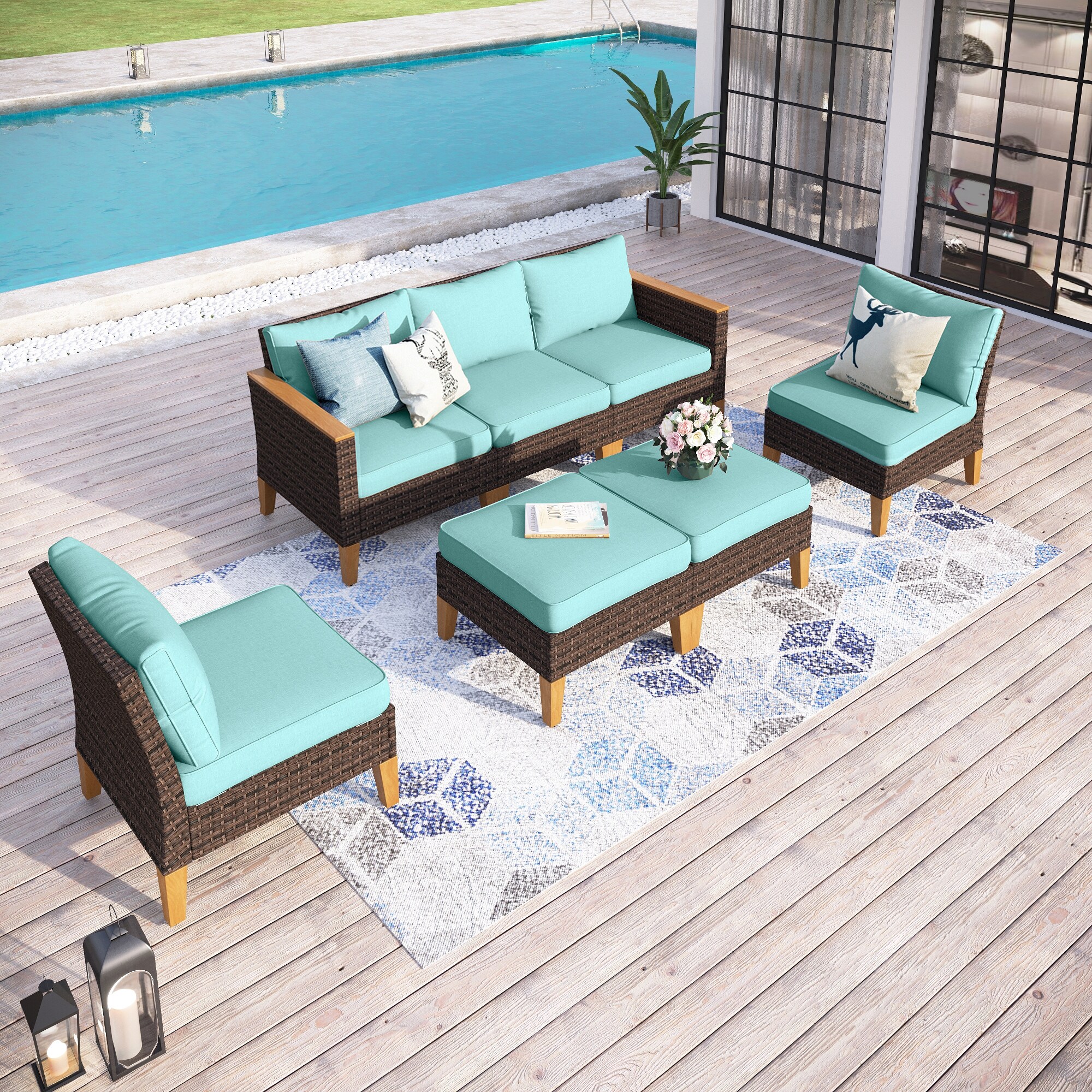 Sunshine Valley CR006-02-7-BU 7 -Piece Wicker Patio Conversation Set with Blue CUSHION PRO Cushions
