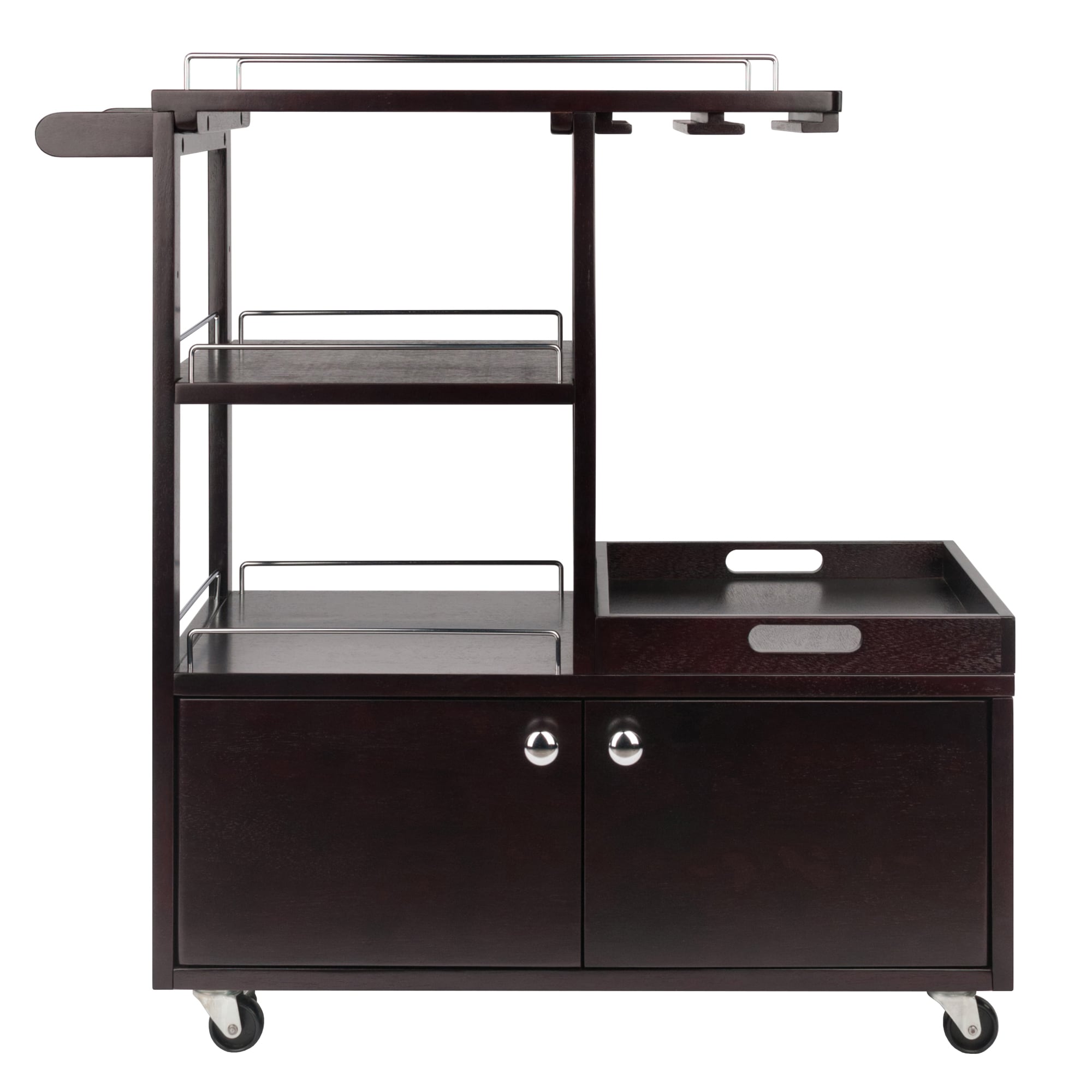 Winsome Espresso Transitional Kitchen Cart with Wine Storage and Serving Tray