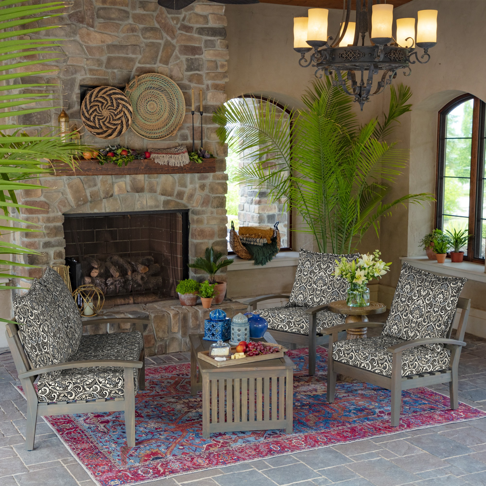 Black Aurora Damask Outdoor Deep Seat Cushion Set