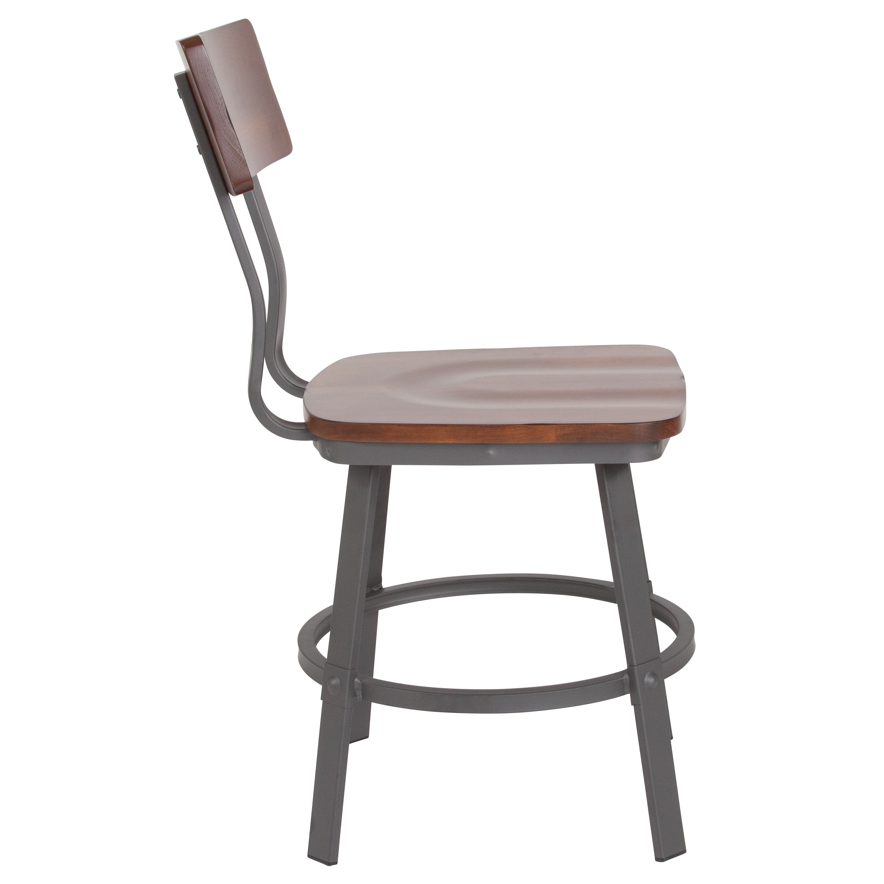 Modern-Industrial Gray Steel Side Chair with Rustic Walnut Wood Seat