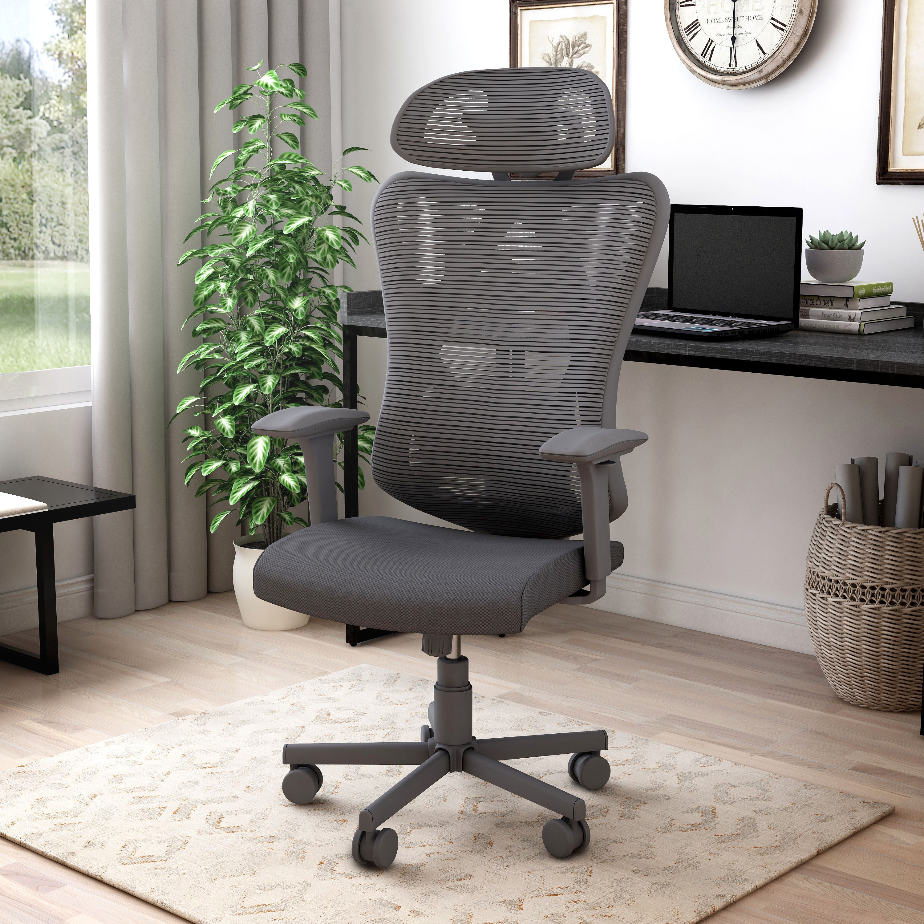 Furniture of America Linthicum Black Contemporary Ergonomic Adjustable  Height Swivel Polyester Headrest Chair in the Office Chairs department at  