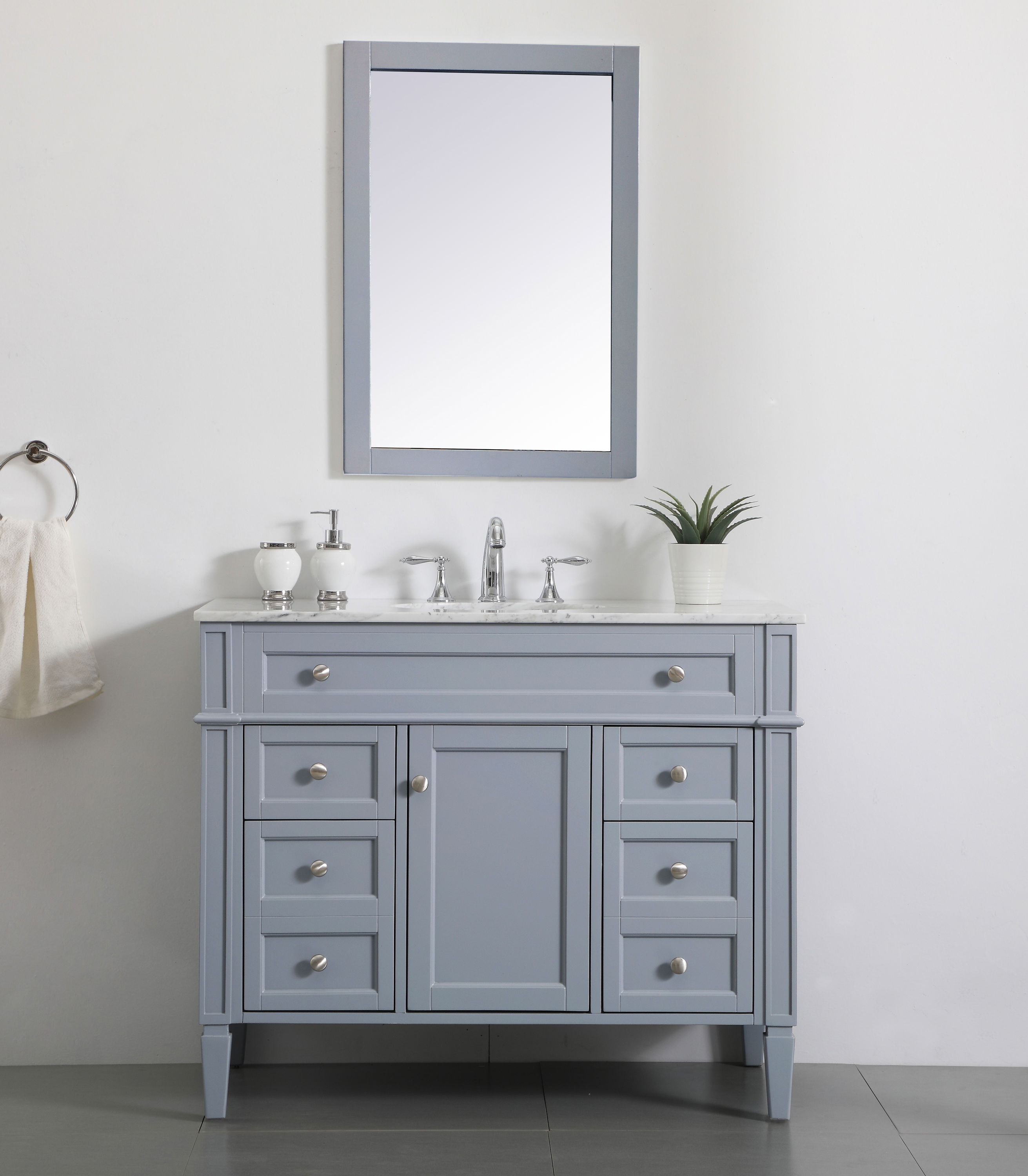 Gray Solid Wood and Marble Single Bathroom Vanity with Porcelain Sink