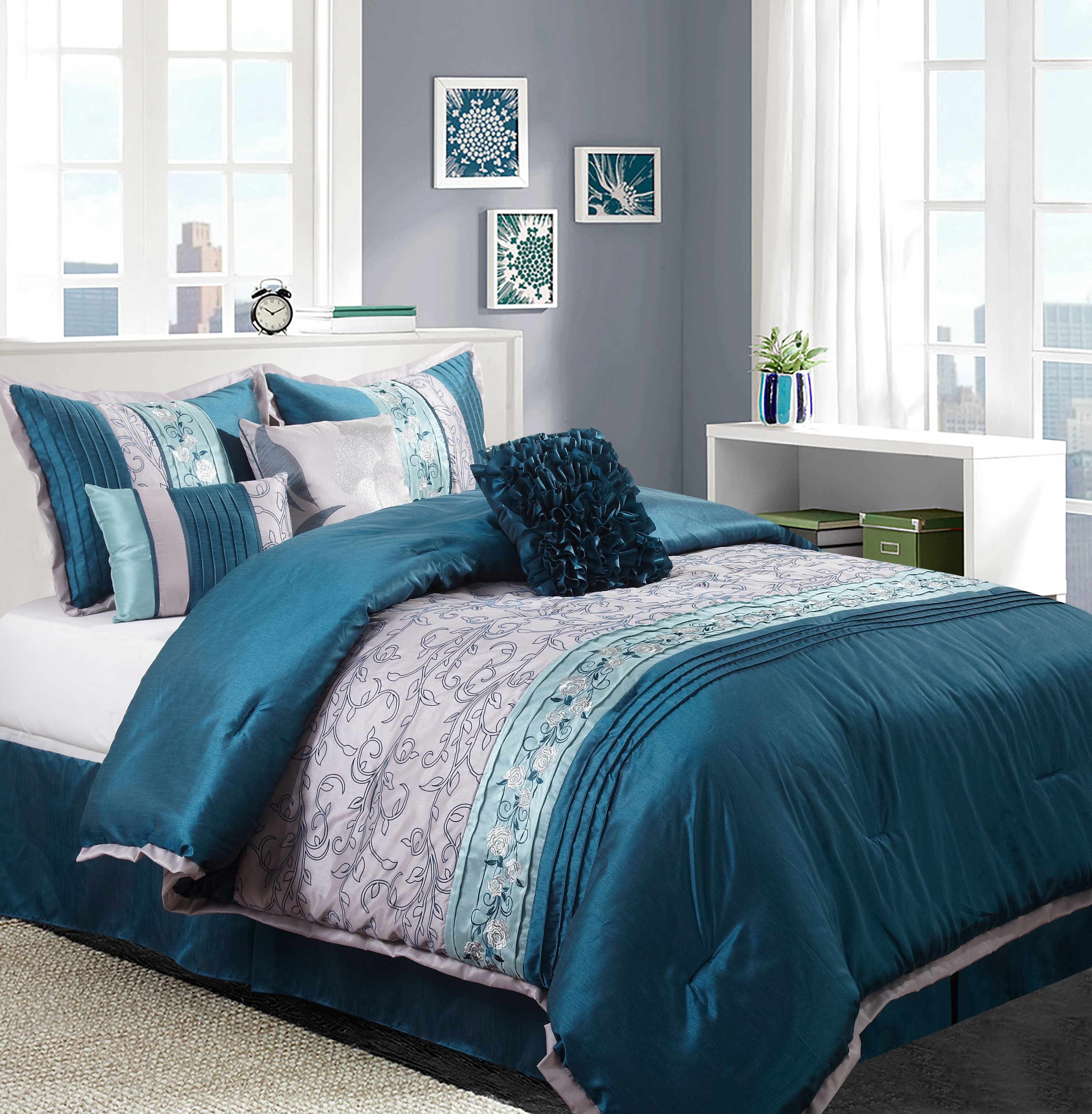Grand Avenue 7-Piece Teal/Grey California King Comforter Set in the ...