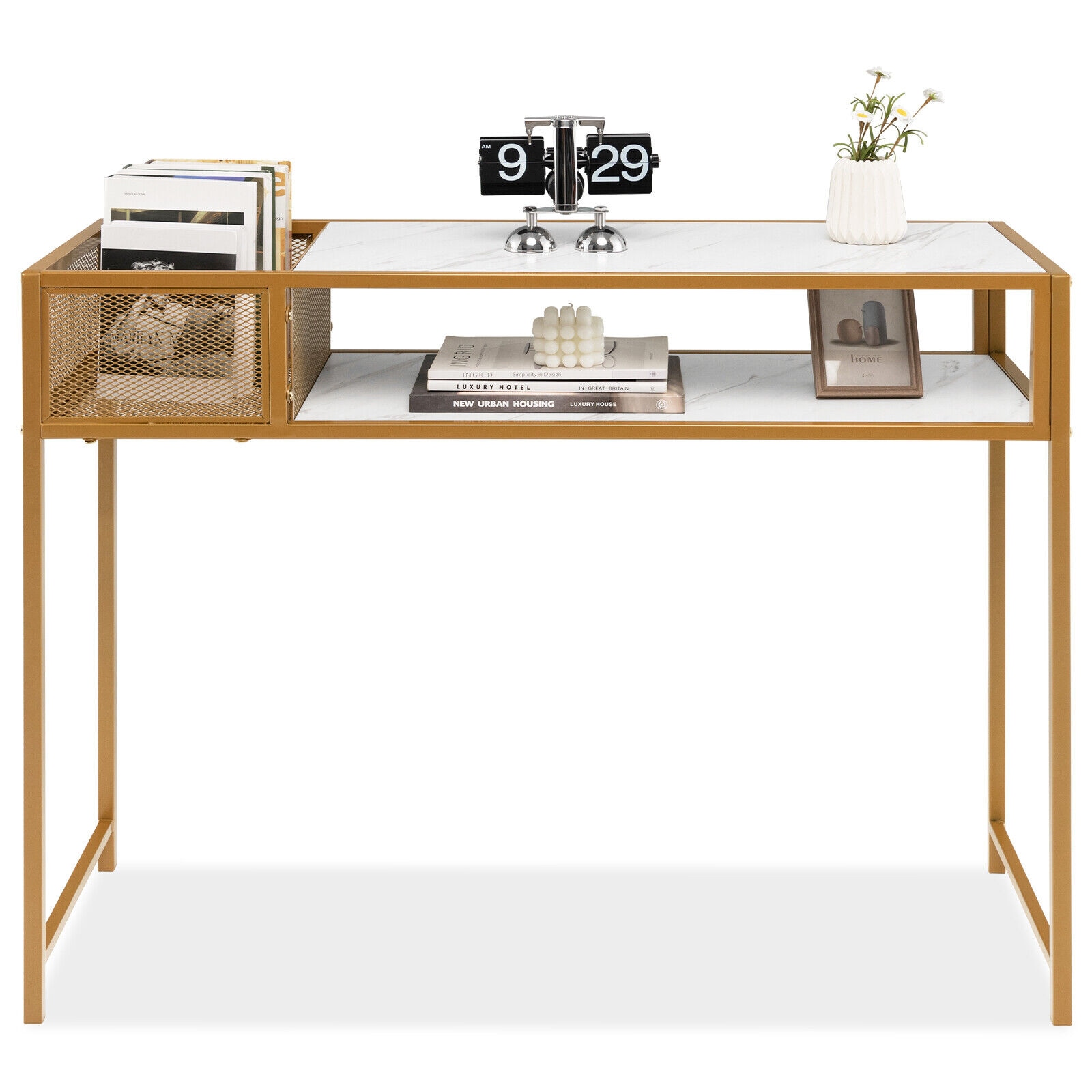 Slickblue D-CO-HW49401VJ Slim Console Table - Contemporary Faux Marble Top  With Wire Basket – Reinforced Frame Compact Design for Dining Room and Entryway
