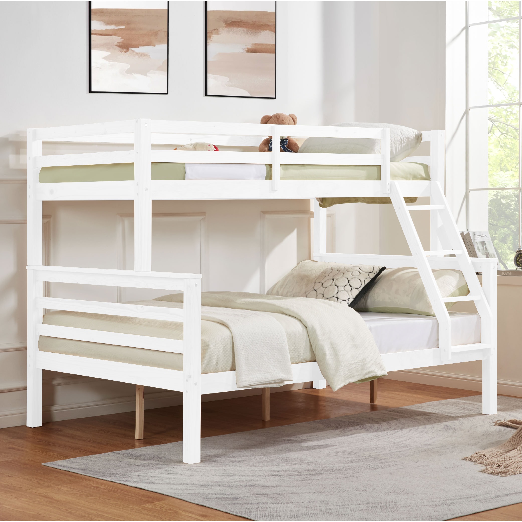 Tatayosi JJ-09020126 Twin over Full Bunk Bed with Thick Posts;Wooden Bunk Bed with High Guardrail and Ladder for Kids; Teens; Dorm Rooms; and Guest Rooms;No Box Spring Needed;White