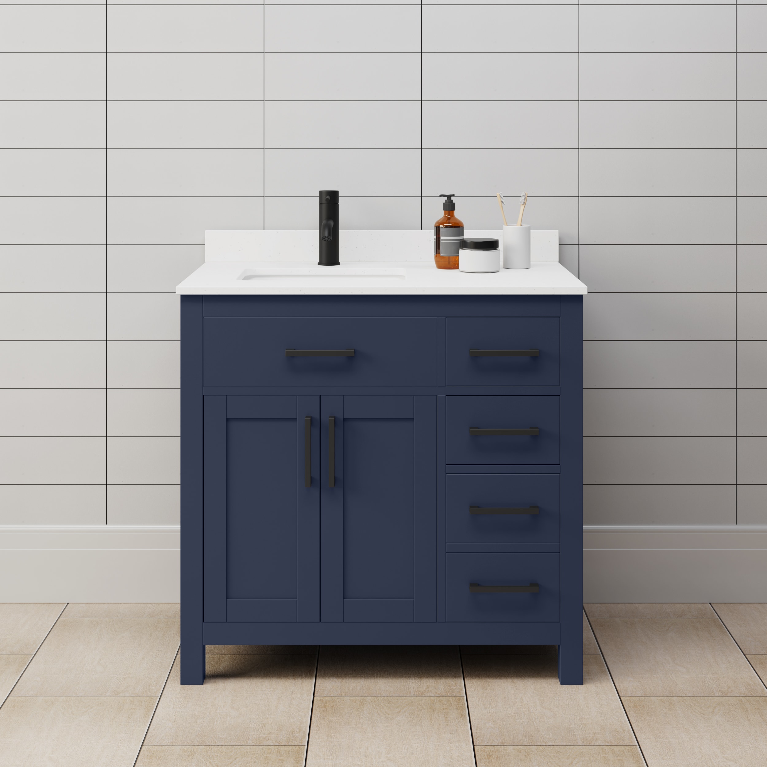 Wyndham Collection WCG242436SBBWCUNSMXX Beckett 36-in Dark Blue with Matte Black Trim Undermount Single sink Bathroom Vanity with White Cultured Marble Cultured marble Top