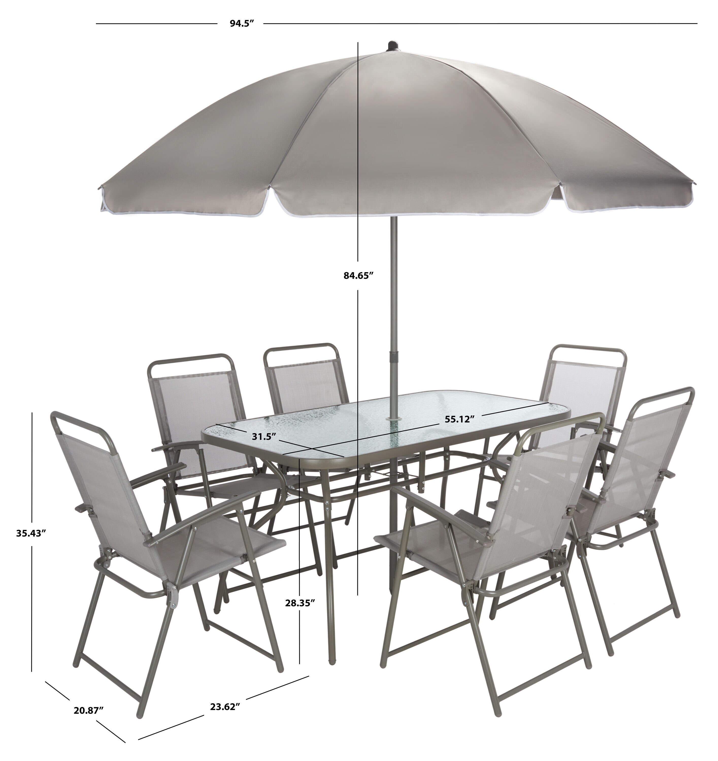Laurenti 6-Person Grey Glass-Top Outdoor Dining Set with Umbrella