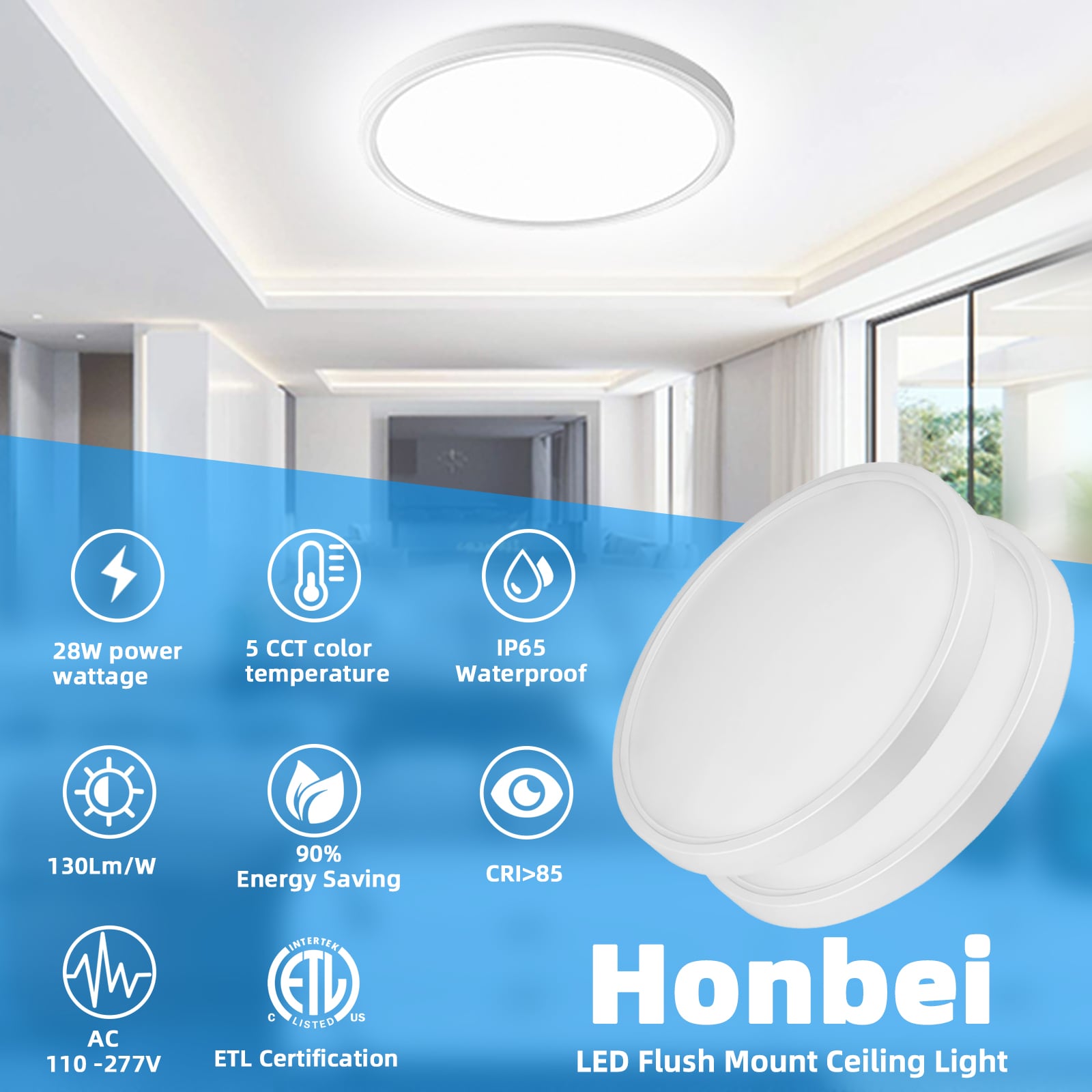 Honbei 2 Pack of 12 inch 28Watt 3310 Lumens 5 Color Selectable LED Flush Mount Ceiling Light