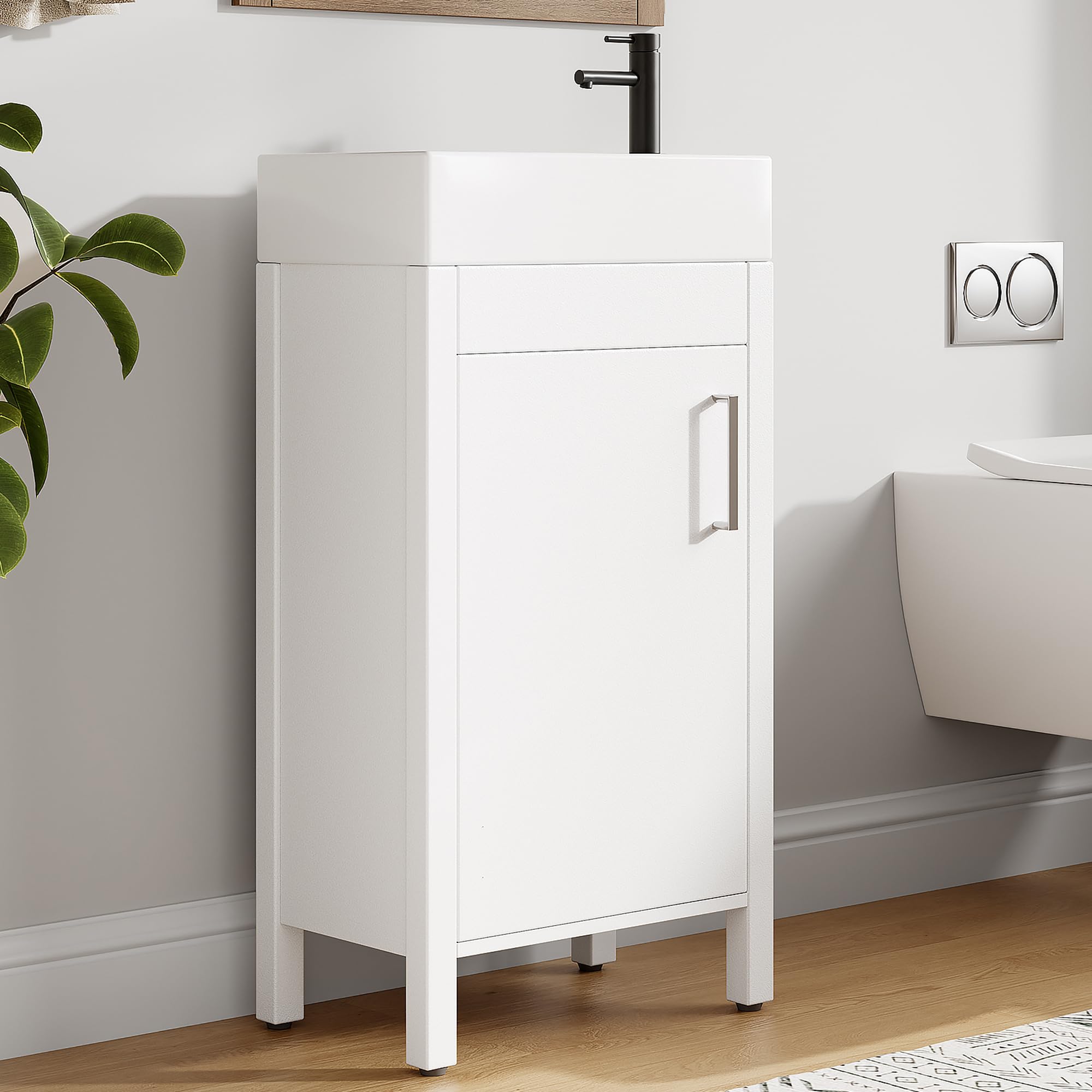 IdealHouse Space-Saving Modern Bathroom Vanity with Basin - 16 Inch Freestanding Wooden Cabinet - Soft-Close Door - Metal Handle - Compact Storage for Small Bathrooms (White)