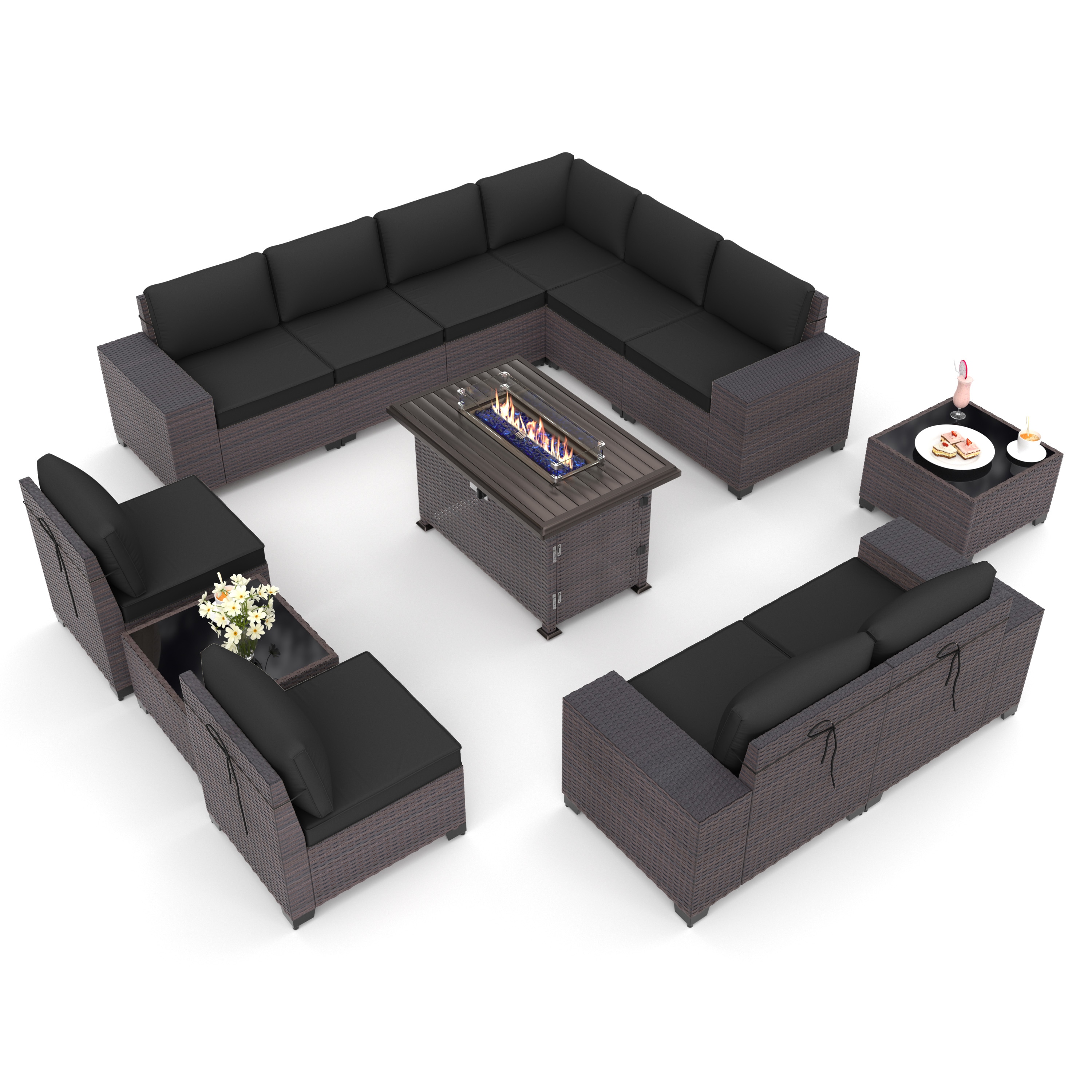 ALAULM LS-12PCS+FP-BLACK 13 -Piece Wicker 2 Patio Sofa Conversation Set with Black Cushions