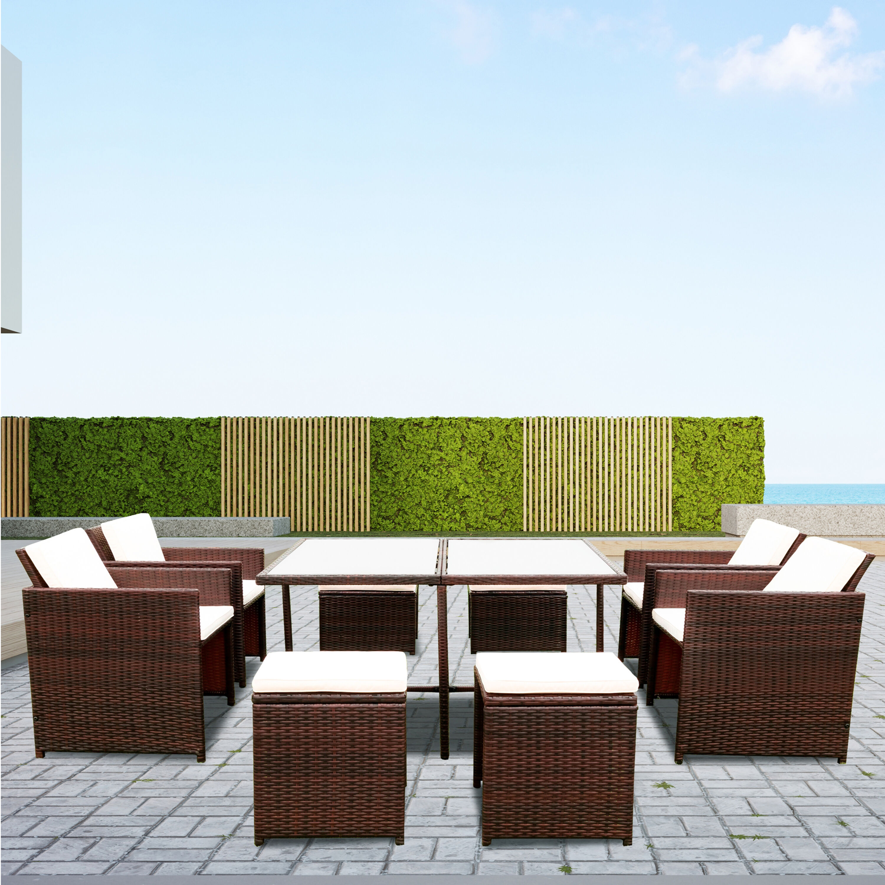 Afoxsos LSSA11OT033 9 -Piece Wicker Patio Conversation Set with Off-white Cushions
