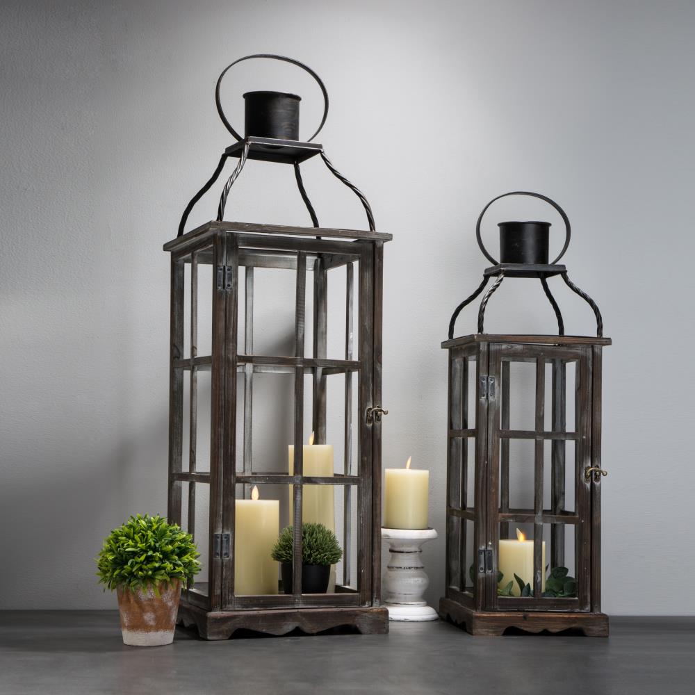 Mercana Keyrock Set of 2 Brown Wood/Metal Candle Holder Lanterns, Indoor  Use, Residential Grade