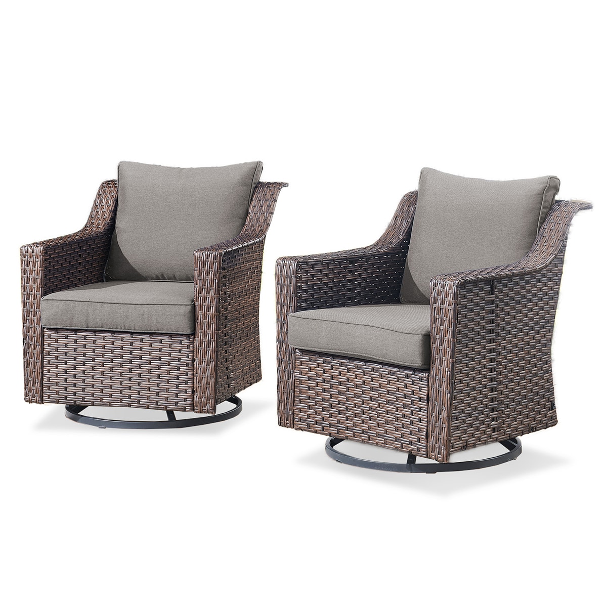 Rilyson FSLRBR20-3 L-Skinny Set of 2 Wicker Brown Wicker Frame Swivel glider Conversation Chair with Gray Gray Cushioned Seat