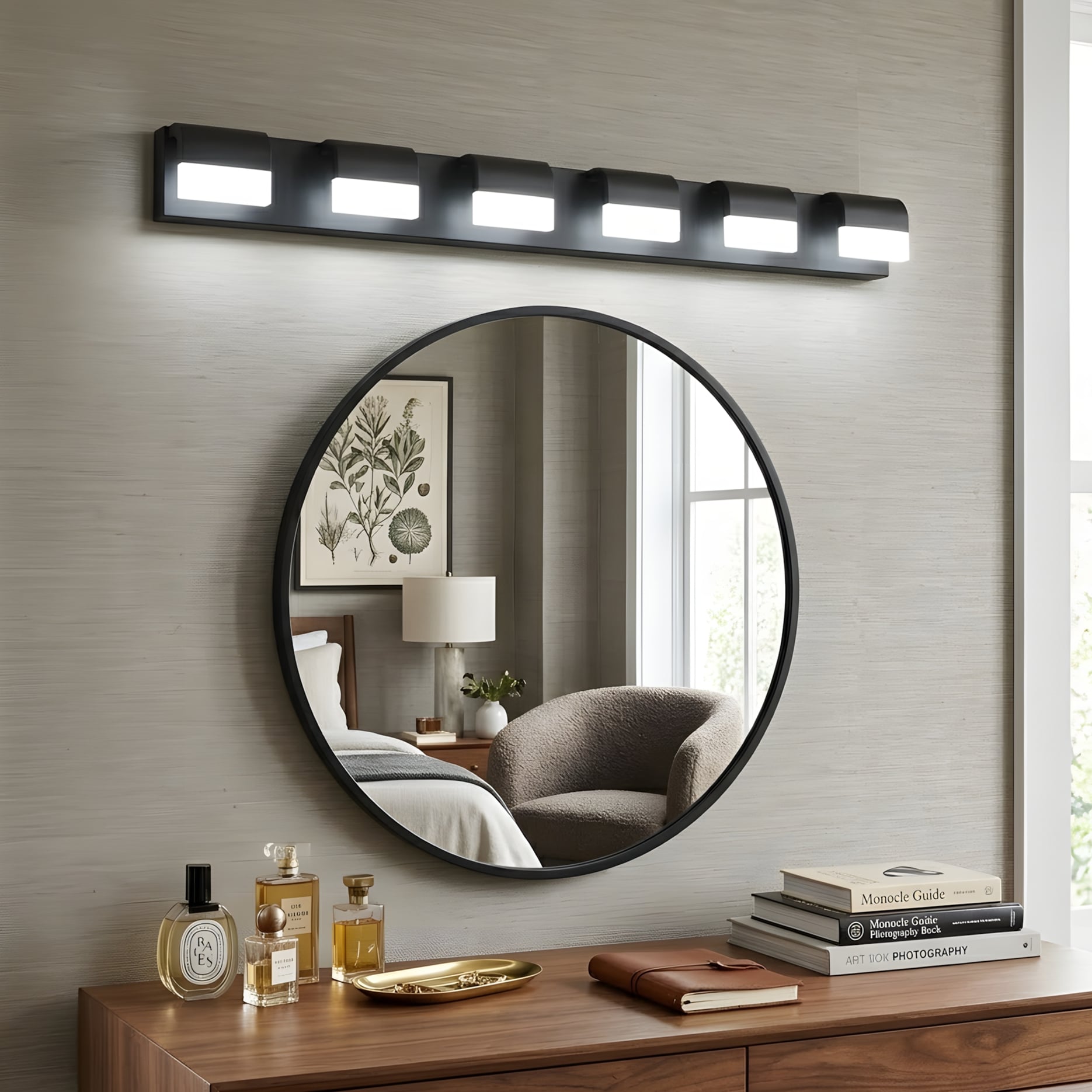 RCCFBHM 47-in 6-Light Matte Black Modern All-in-One LED Bathroom Vanity Light Dimmable Acrylic Vanity Light