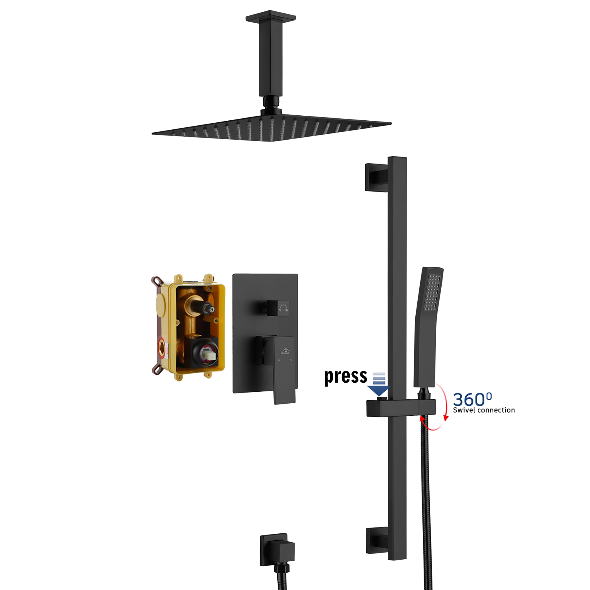 CASAINC M6627-B-10-MB Black 10-Inches Built-In Shower Faucet System with 2-way Diverter ( Pressure-balanced Valve Included )