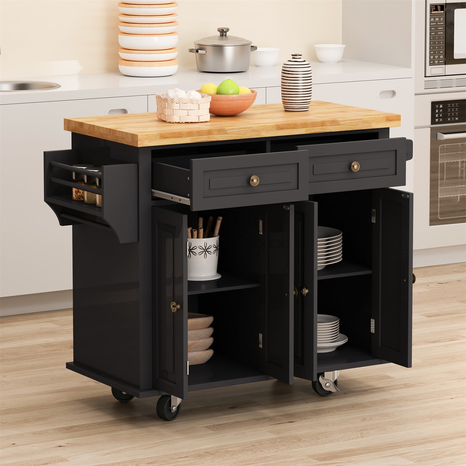 BABOOM Black Mdf Base with Wood Top Rolling Kitchen Island (17.72-in x ...