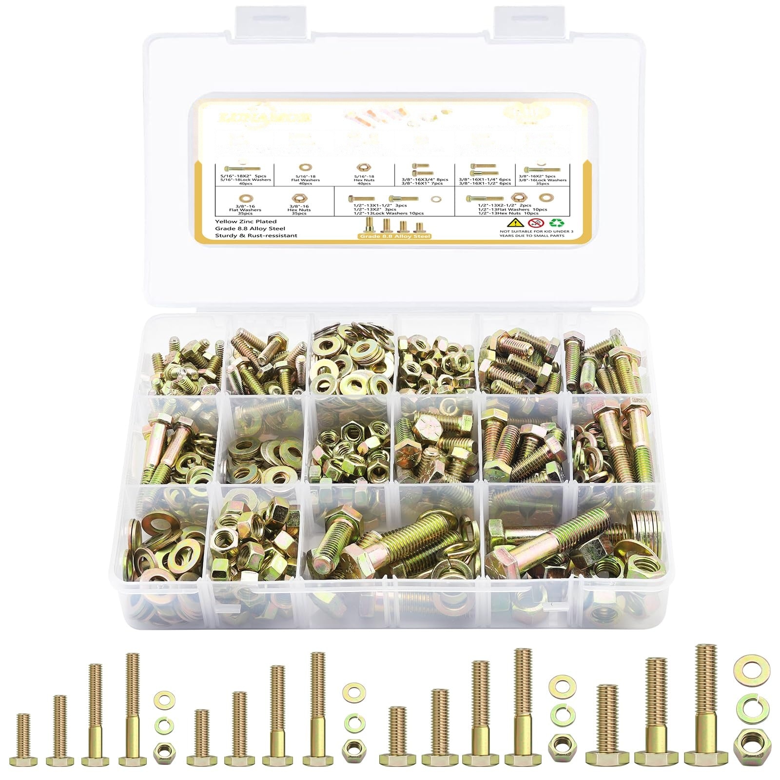 JVFCXXV  610 PCS Grade 8.8 SAE Bolt and Nut Assortment 1/4 5/16 3/8 1/2 Heavy Duty Hex Head Bolts and Nuts Kit with Yellow Zinc Plated Includes 18