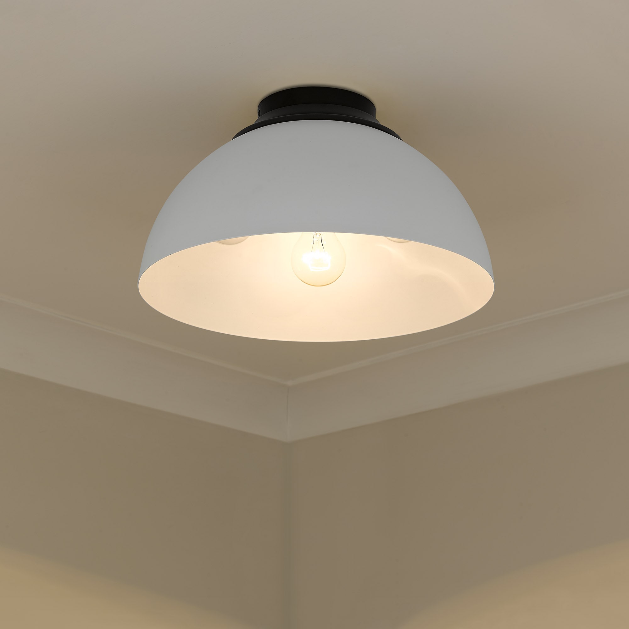 Matte Black and White Glass Drum Flush Mount Light