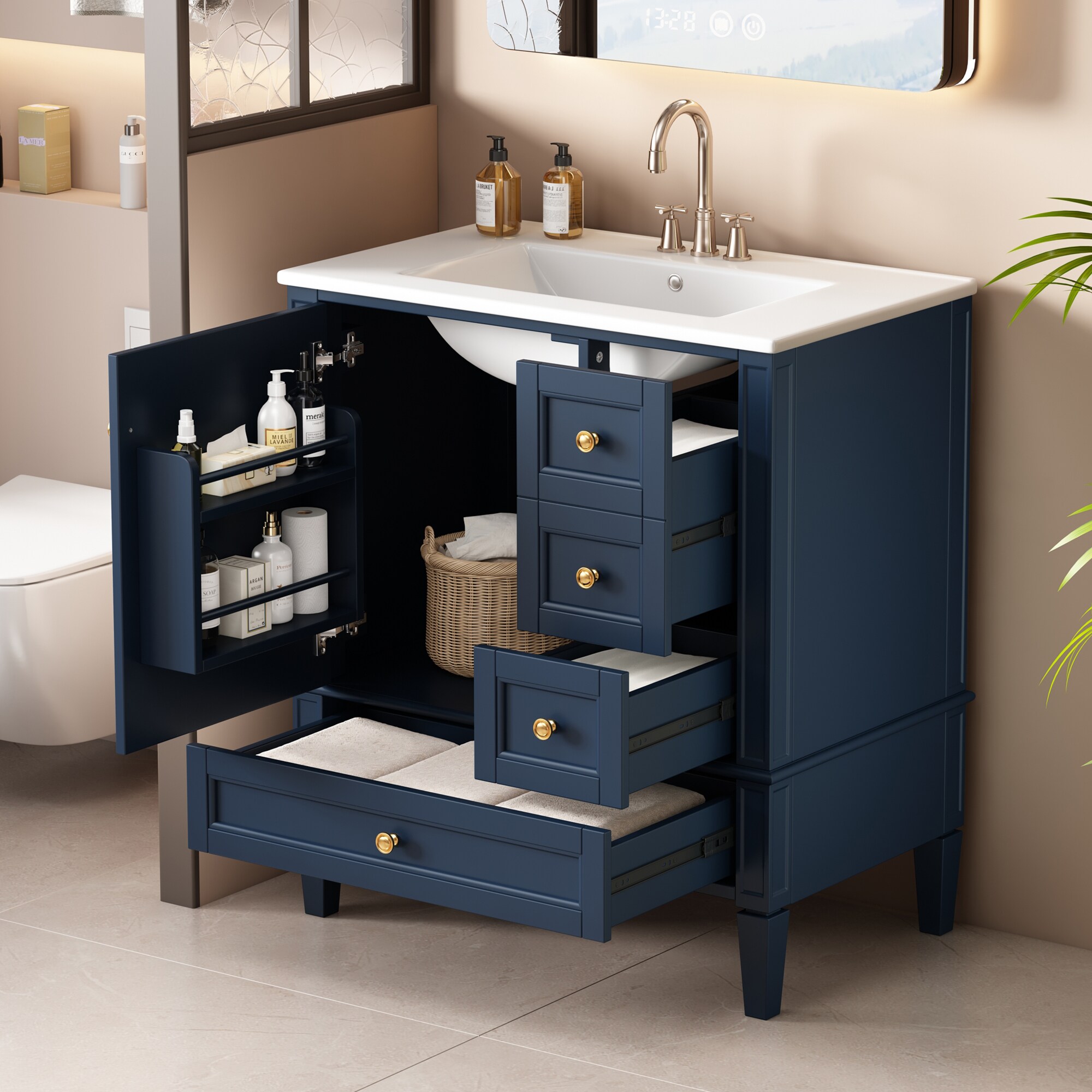 Tatayosi RY-P247499C 30-Inch Bathroom Vanity with Ceramic Sink Bathroom Vanity with 3 Drawers Solid Wood Frame Modern Bathroom Storage Cabinet Ideal for Home