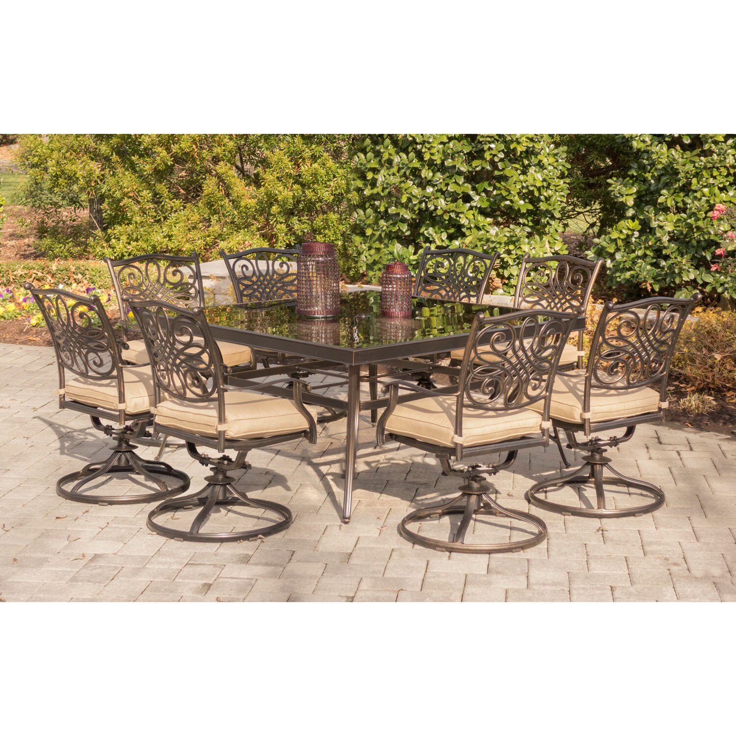 Traditions 9-Piece Bronze Aluminum Outdoor Dining Set with Tan Cushions