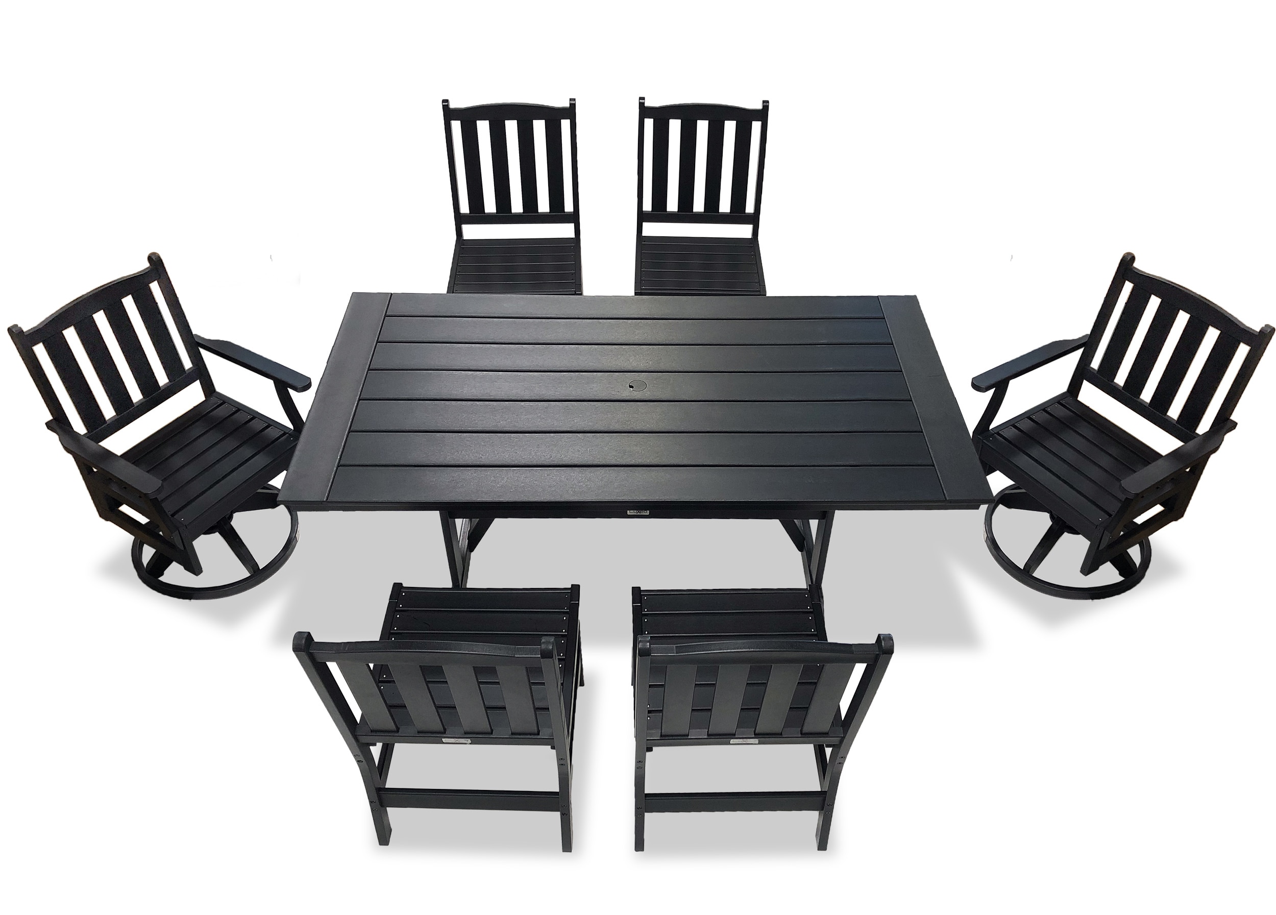 LuXeo 1658-1655-BLK7 Tuscany HDPE Swivel 7-Piece 7 -Piece Black Patio Dining Set Plastic Rectangle Table with 2 Swivel Chairs