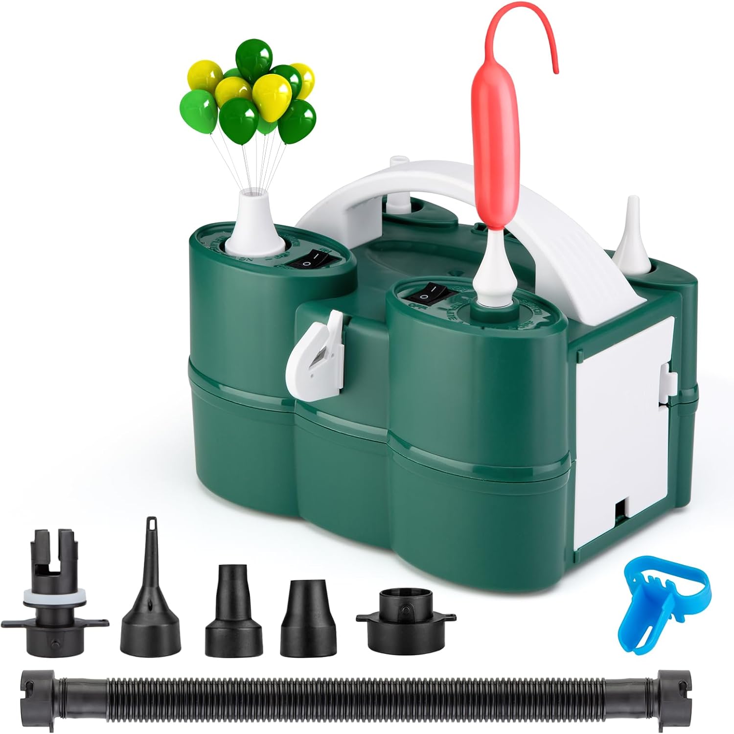 Voircoloria B0CQJRGH4L Balloon Pump Electric 3-in-1 Portable Automatic Dual Nozzle Inflator 110V with Tying Tools for Birthday Gender Reveal Baby Shower Balloons Party Decorations(Green)