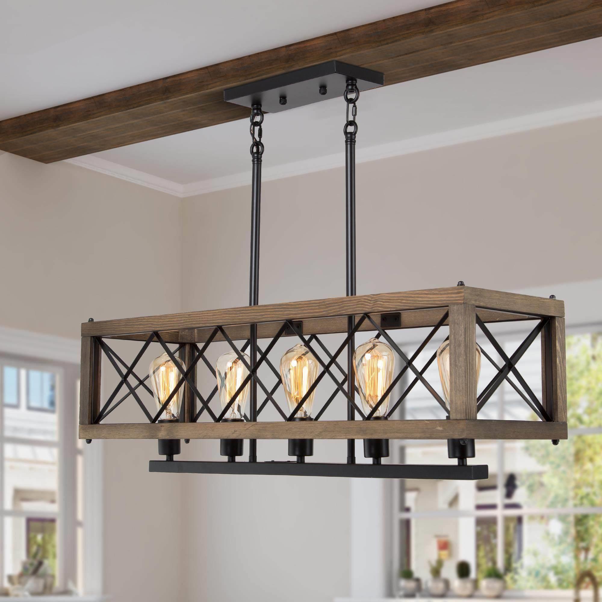 LNC Lucia 5-Light Matte Black and Brown Wood Farmhouse Linear LED ...