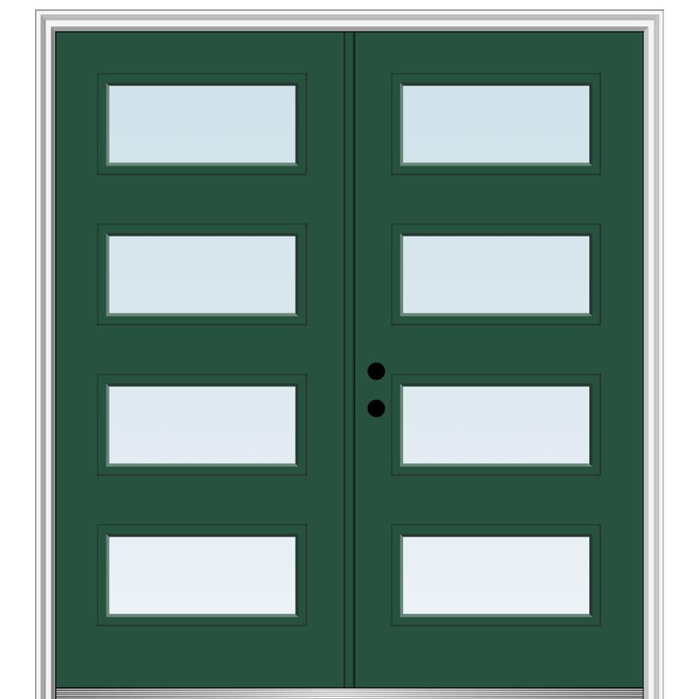 MMI DOOR ZZ348337R Spotlights 72-in x 80-in x 6-9/16-in Fiberglass Pulse lite Right-hand inswing Hunter Green Painted Prehung Double Front Door with Brickmould Insulating core