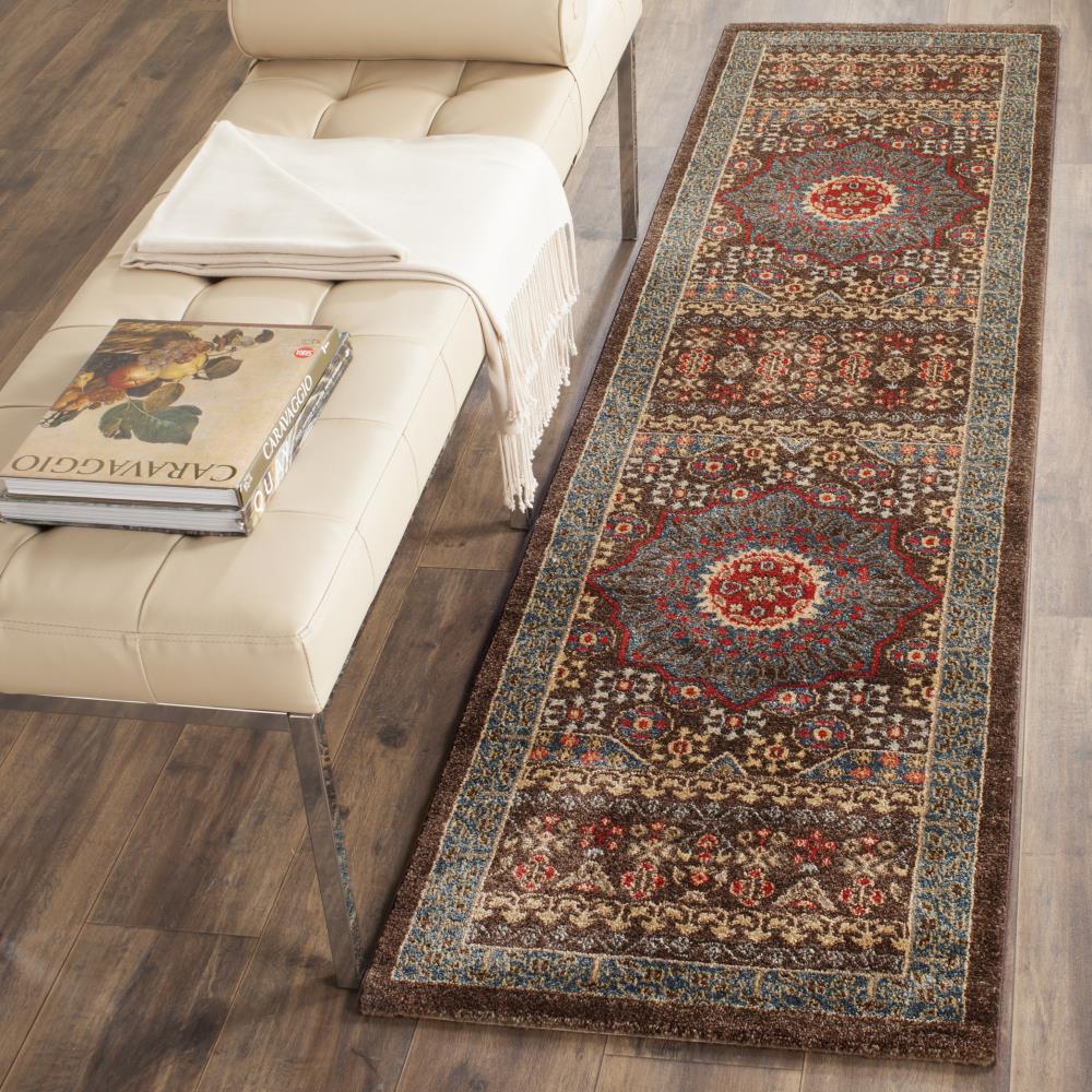 Red and Navy Synthetic Persian Style Runner Rug