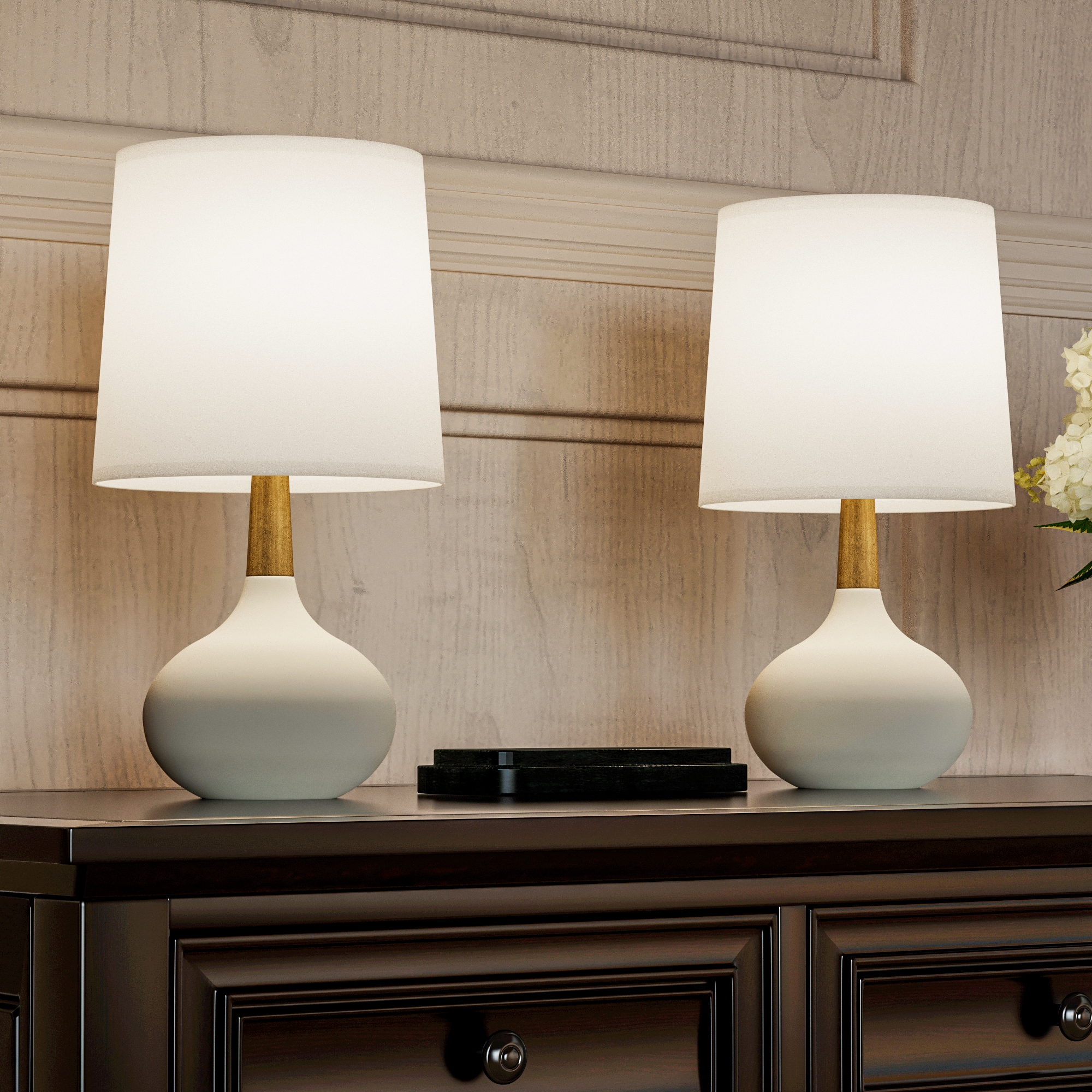 Maxax T185-WH Deluxe 14-in White and Wood Color LED Incandescent Rotary socket Table Lamp with Linen Shade 2 -Set
