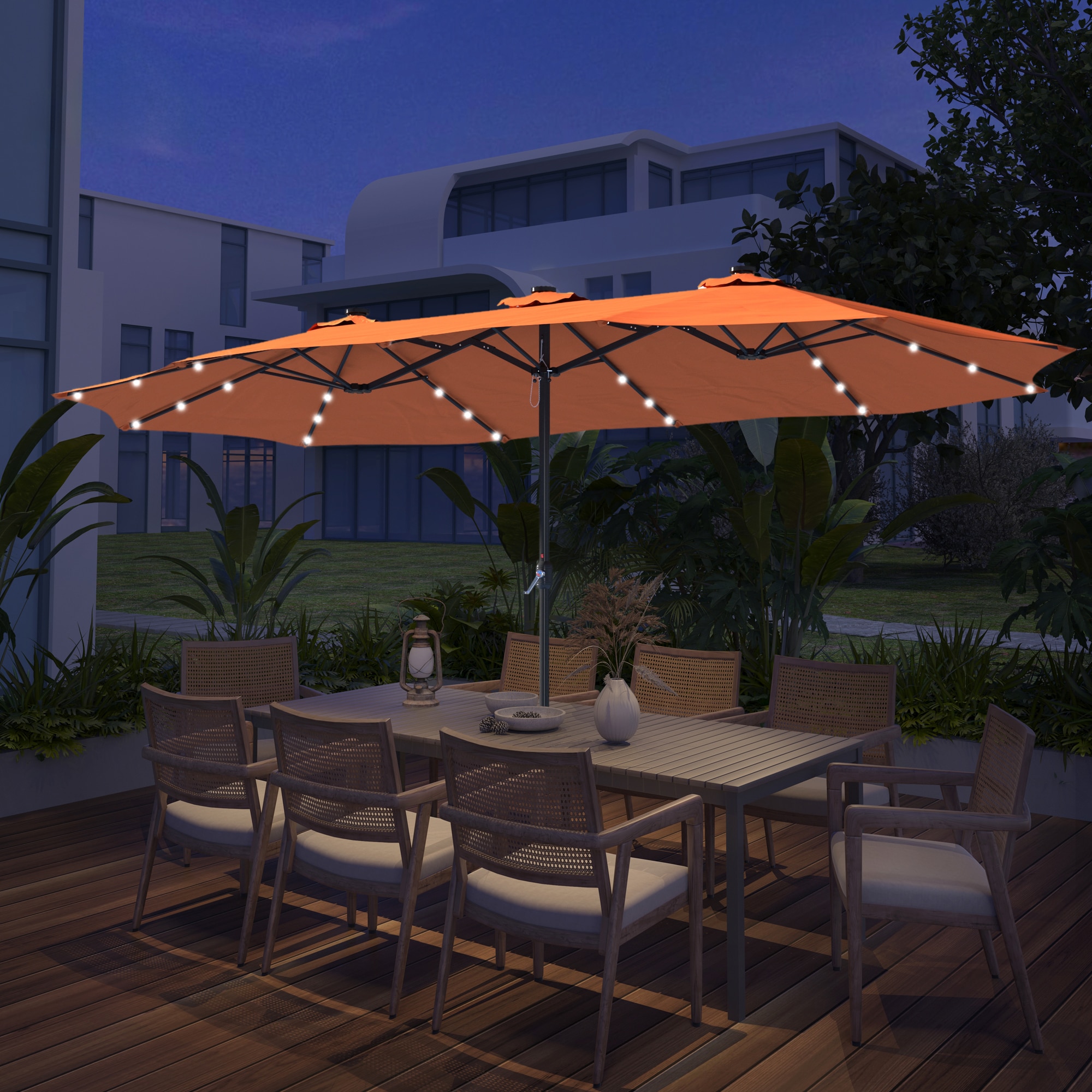 Sumyeg 15-ft Steel Orange Crank Market Patio Umbrella with Lights with Base