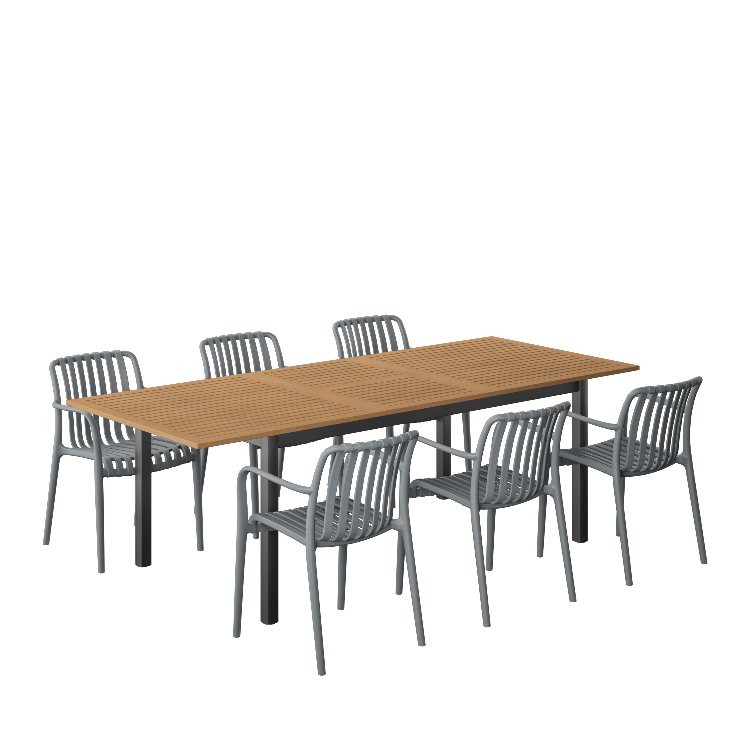 Amazonia LWS-IBIS-6-CURA-GR 7 -Piece Wood Patio Dining Set Extendable Table Wood Rectangle Table with 6 Stackable Stationary and Motion Chairs