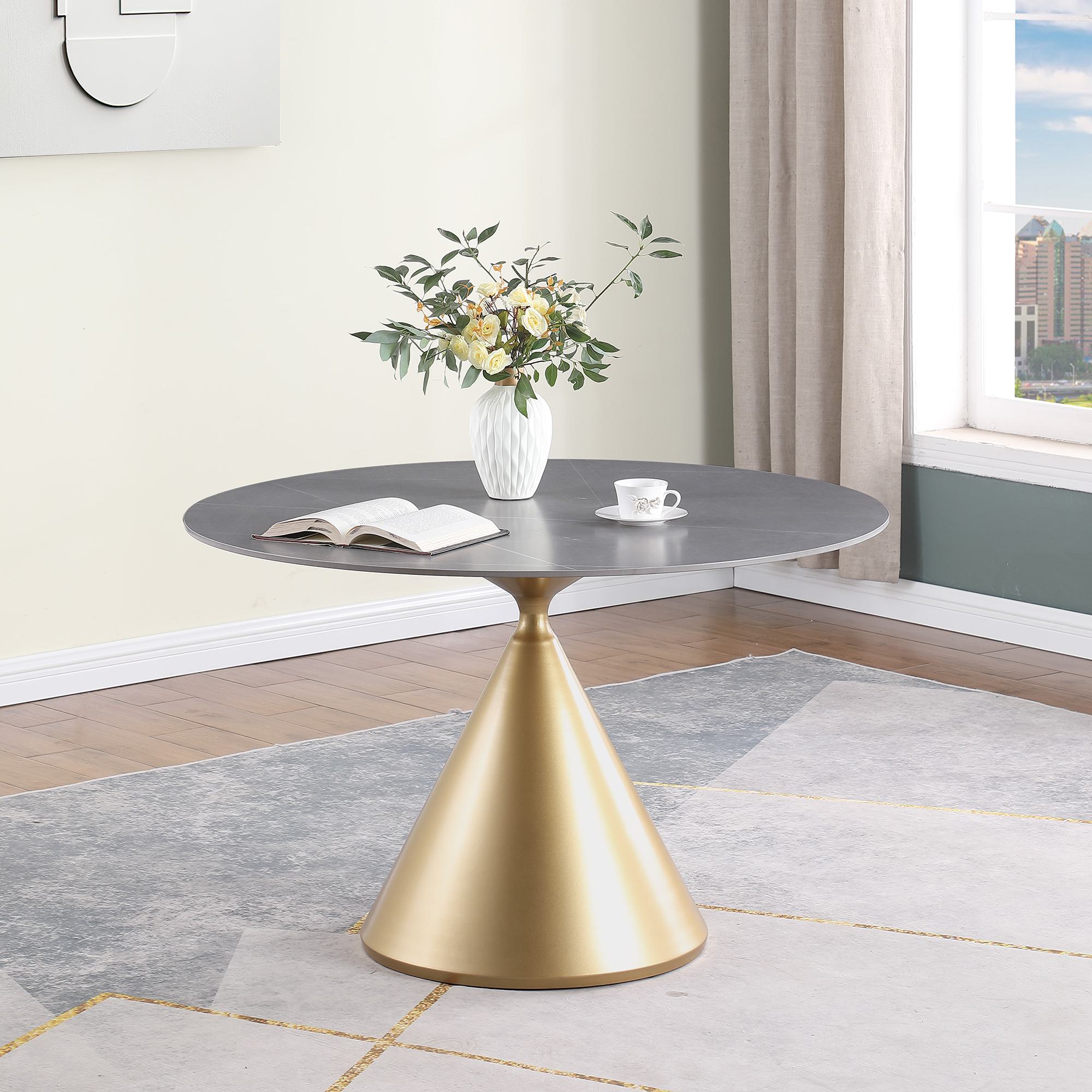 FARATI D2003DT-GREY Gray Round Contemporary/Modern Dining Table, MDF with golden Metal Pedestal Base 47-Inches L x 30-Inches H