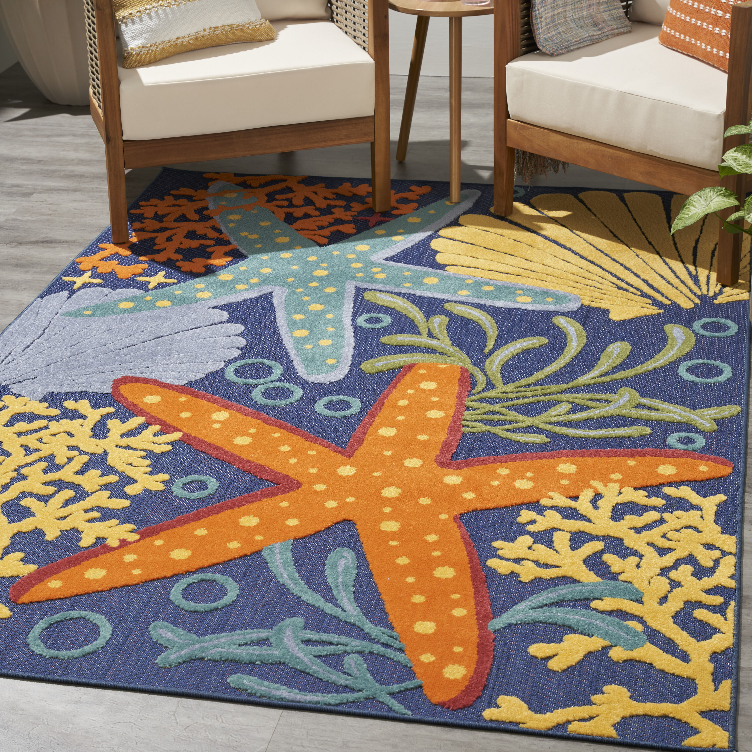 Nourison 099446920942 Aloha 5 x 8 (ft) Loomed Polypropylene Navy Multicolor Rectangular Indoor/Outdoor Floral/Botanical Area rug