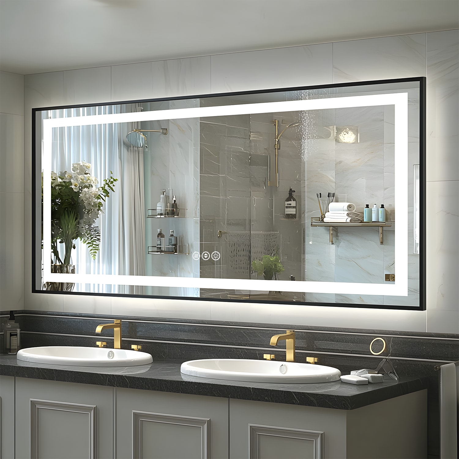 YQP 60x28 Inch UL ETL Certificate Smart Anti-Fog Front-lit+Backlit Black Framed LED Bathroom Mirror #YQP-L002JB15070
