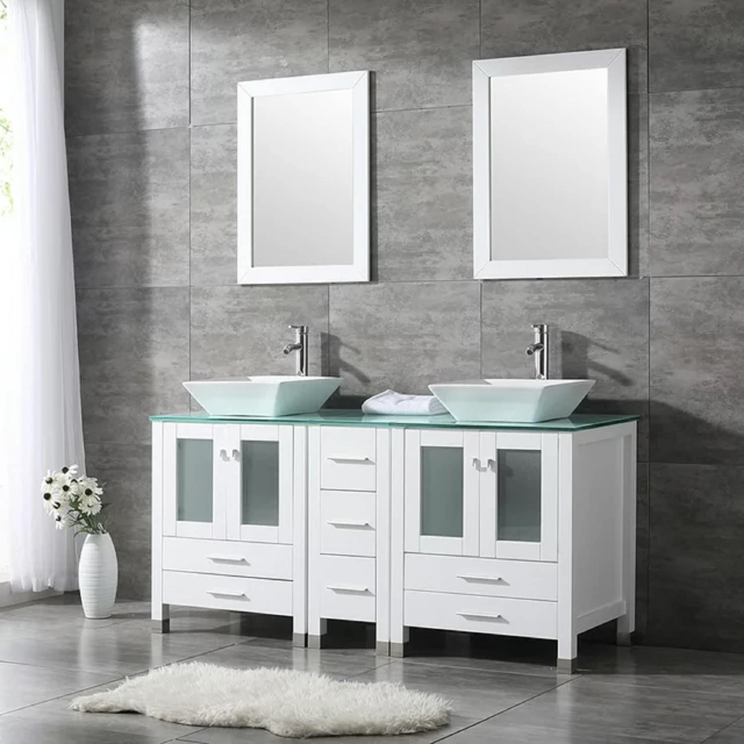 Wonline 60 inch Black Round Double Vessel Sink Vanity Cabinet Tempered Glass Top w/ Mirror, Size: 24.4, Blue