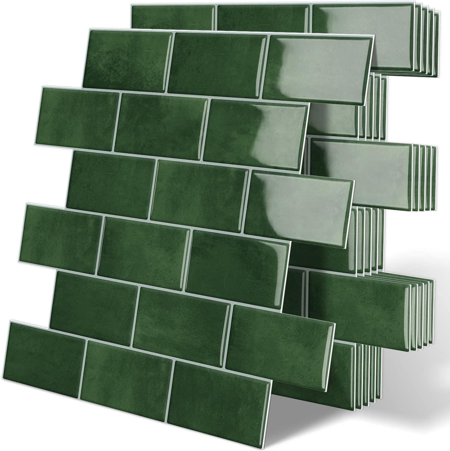 Dewoo Thick Green Peel and Stick Subway 3D Brick Backsplash Wall Tiles for Kitchen Bathroom 10 Sheets 12 x 12 Inch #DEWOO-B0DZWN2J32