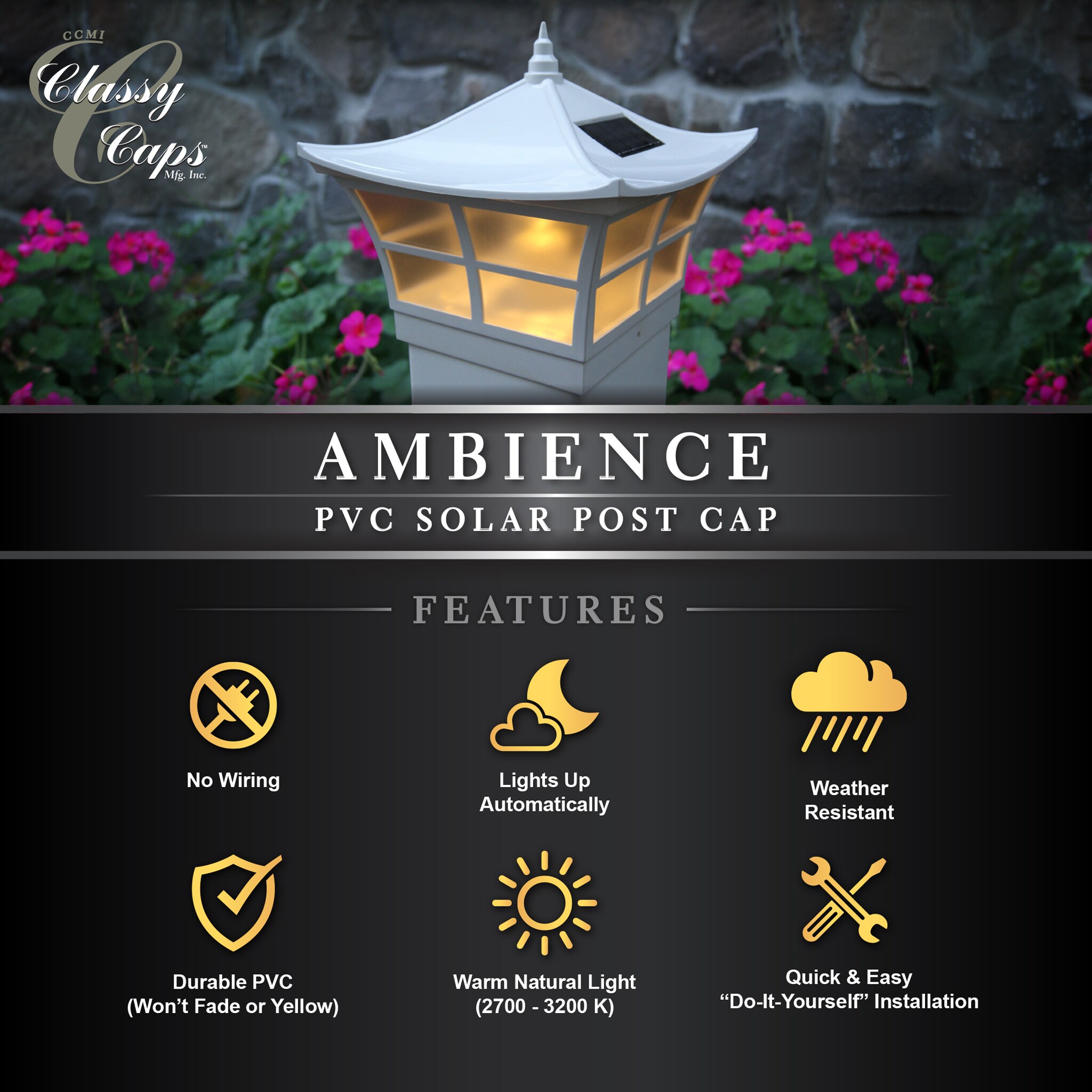 Classy Caps Ambience 2x Brighter (2.4-Lumen) 1-Watt White Solar LED Post Light Classy Caps Ambience 2x Brighter (2.4-Lumen) 1-Watt White Solar LED Post Light