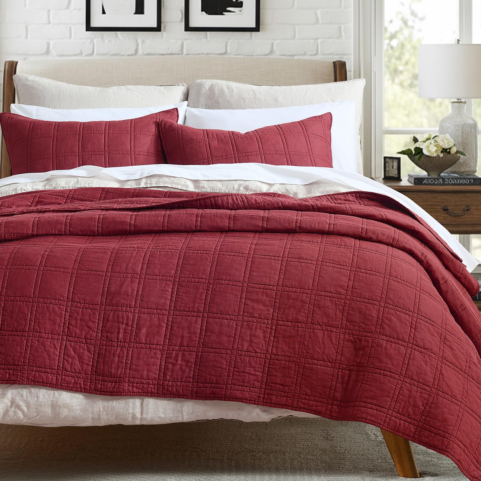 WZKZLH Burgundy Full and Queen 3 Piece Cotton Quilt Set Pre Washed Geometric Pattern Lightweight All Season Bedding Cover With Pillow Shams