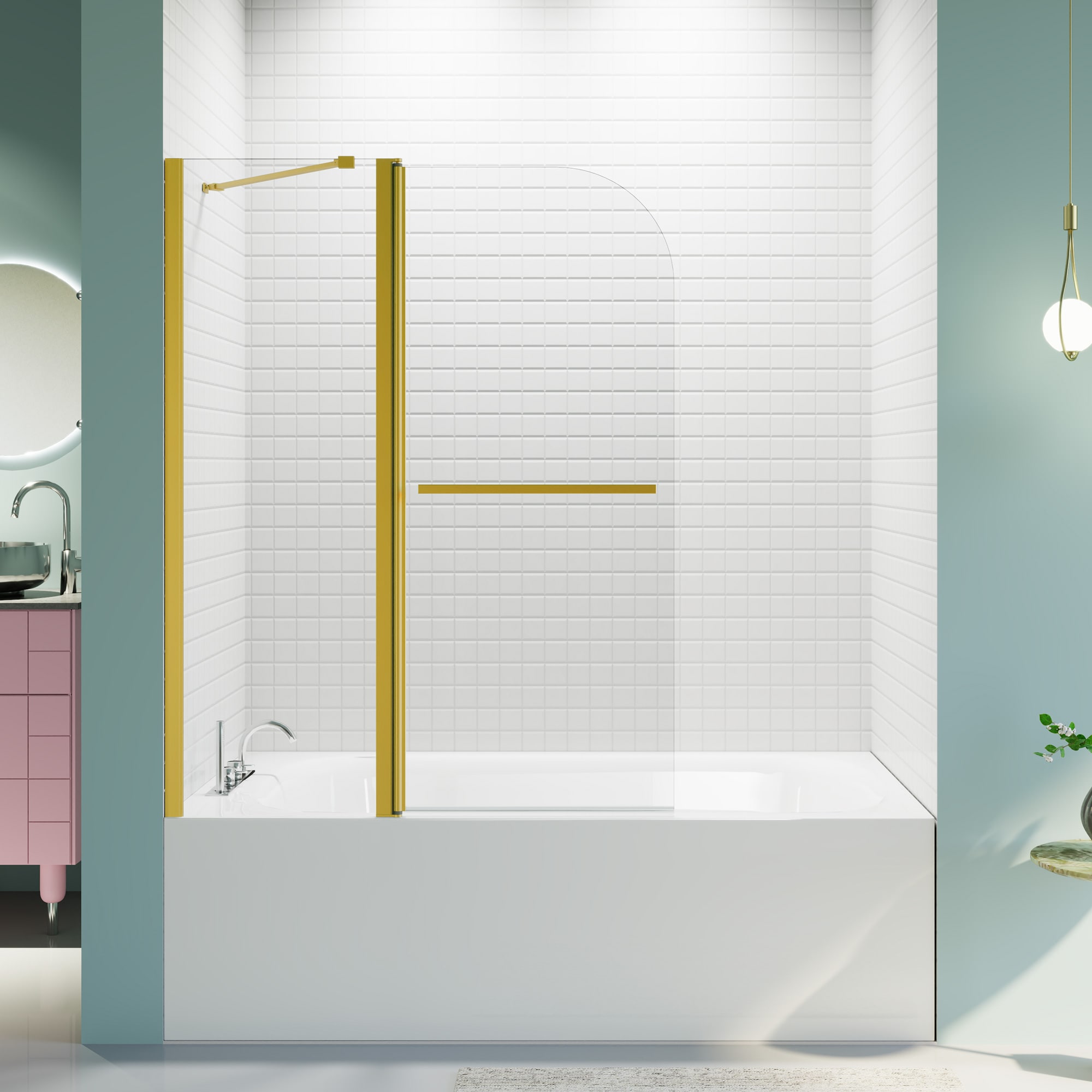 Tahanbath XJ 43 in W x 58 in H Inches Frameless Folding Shower Doors for Bathtub 1/4 Inches 6mm Thick SGCC Tempered Glass Door Bathroom Pivot Tub Glass Door Brushed Gold