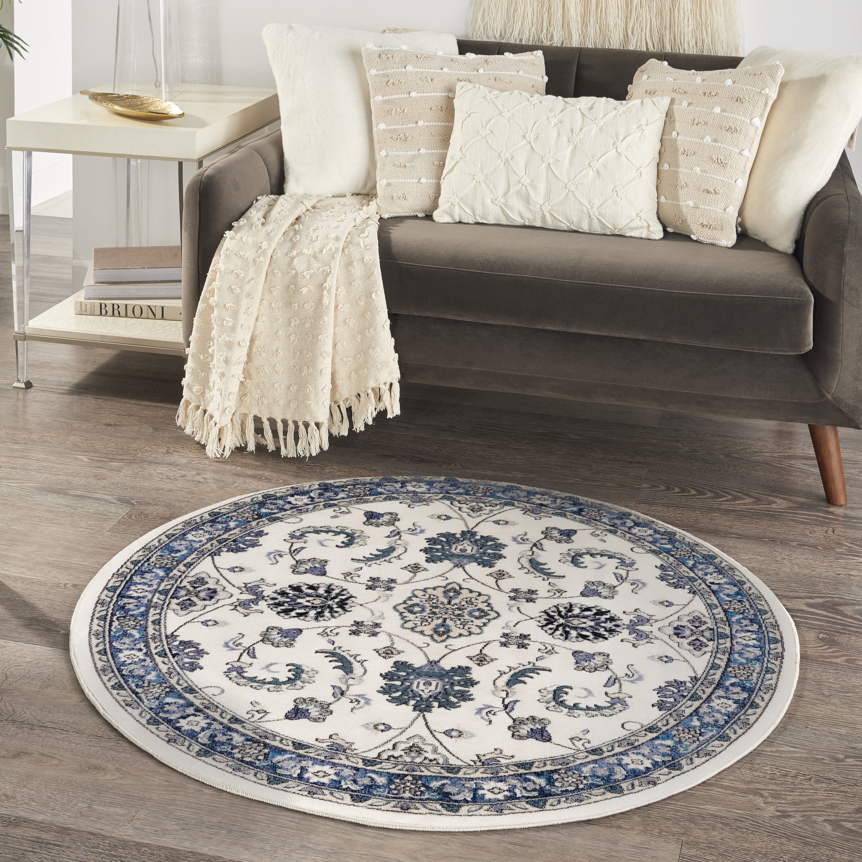 Nourison Home 099446998491 Essentials 4 x 4 (ft) Loomed Ivory Blue Round Indoor/Outdoor Medallion Area rug