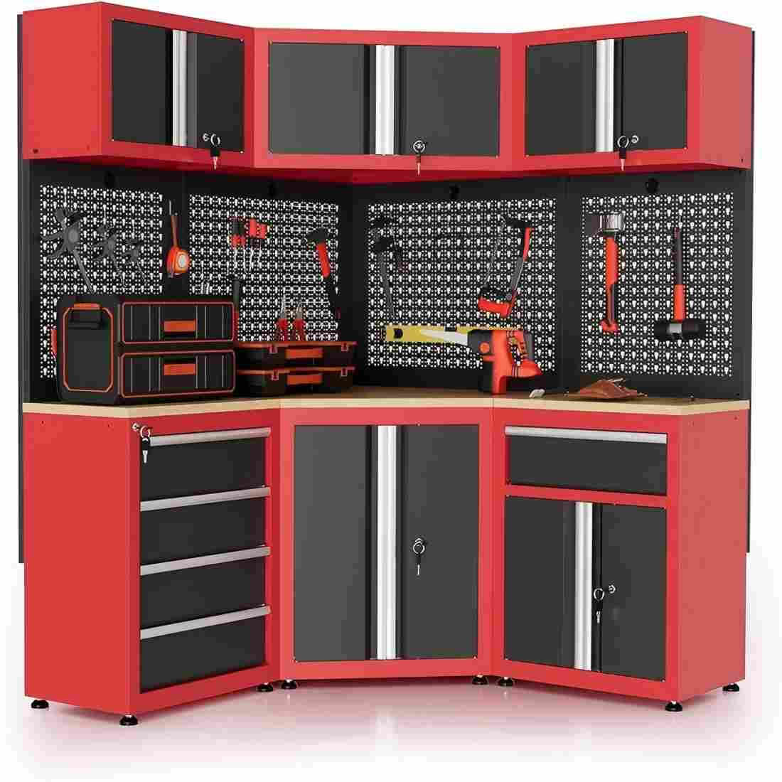 LARBANKE 8-Piece Garage Storage Cabinet System with Corner Cabinet Drawers Workbench and Pegboard Tool Organization Set with Legs for Garage and Workshop Black and Red #US CS168