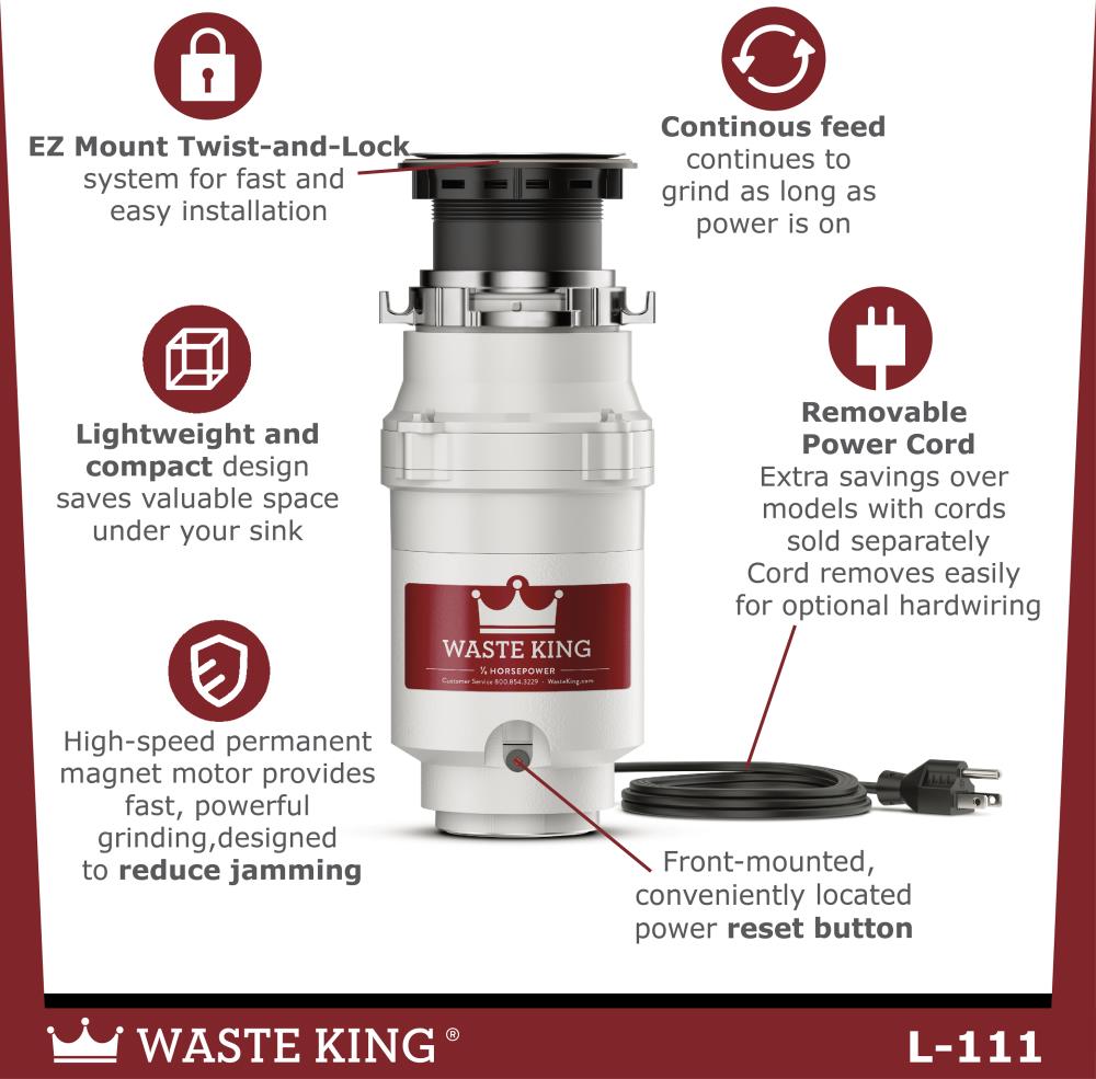 Waste King L-111 Garbage Disposal with Power Cord, HP, Gray ＆ Garbage Disposal Dishwasher Connector Kit 1023, Black - 5