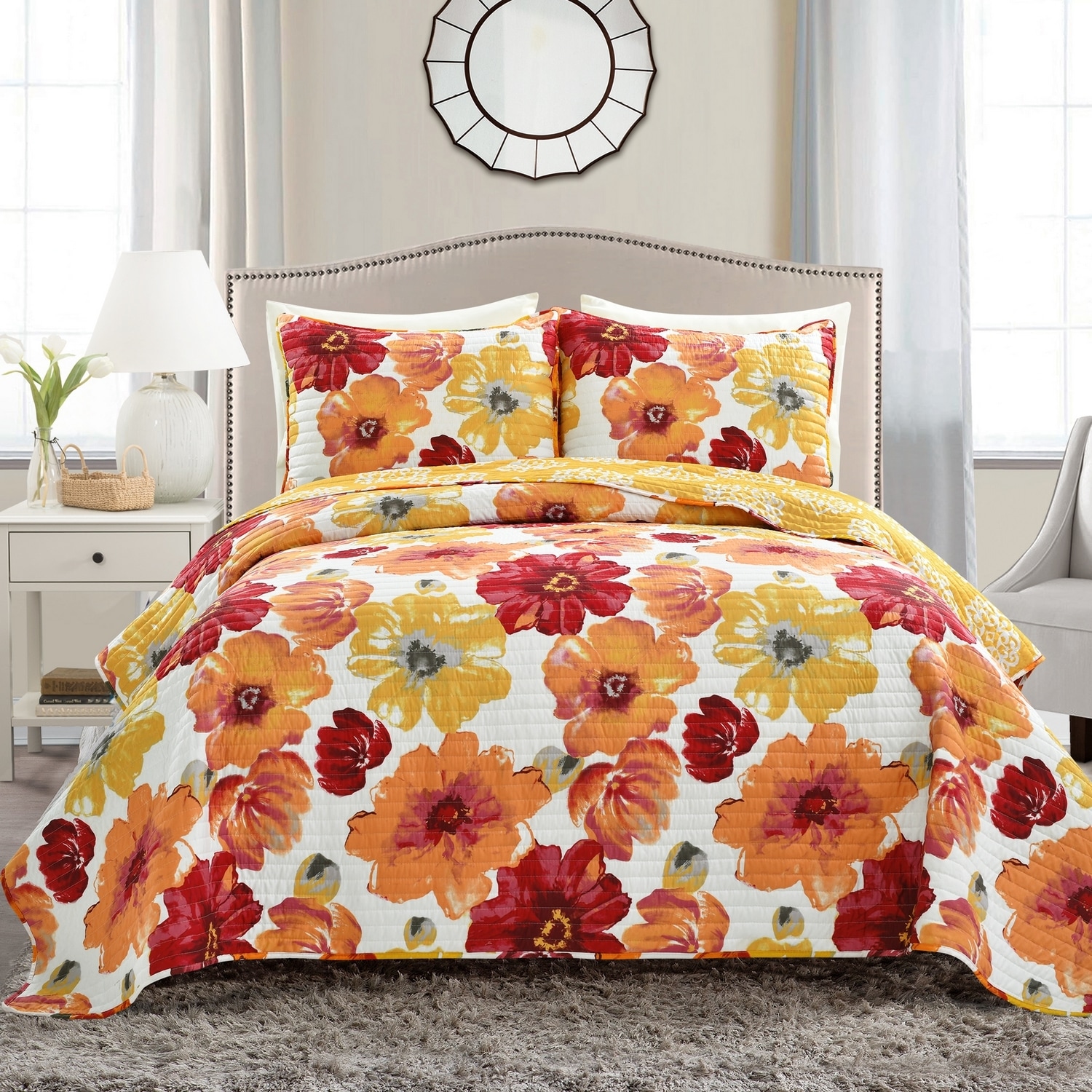 Lush Decor 16T005050 Red Floral Reversible Full/Queen Quilt