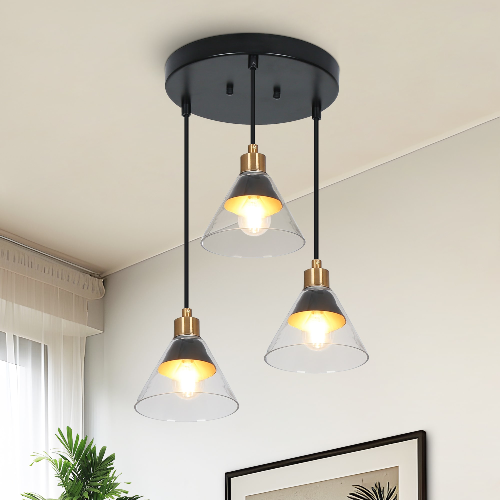 Uolfin 3 -Light Matte Black Clear glass Metal Chandelier