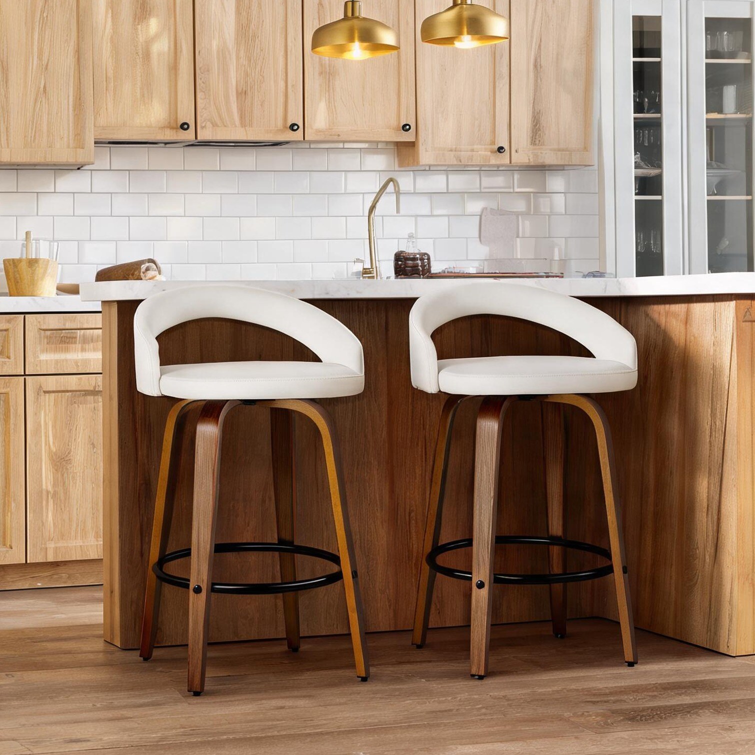 SunJet White Faux Leather Counter Stool with Walnut Wood Legs Set of ...