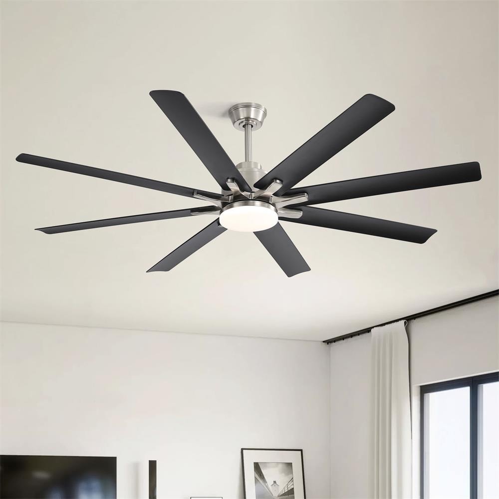 Sofucor LW-66K002SMTY-SN 66 inch Sand Nickel Modern Downrod Black 8 Blades LED Ceiling Fan Light with Intelligent Remote Control and Timing Function