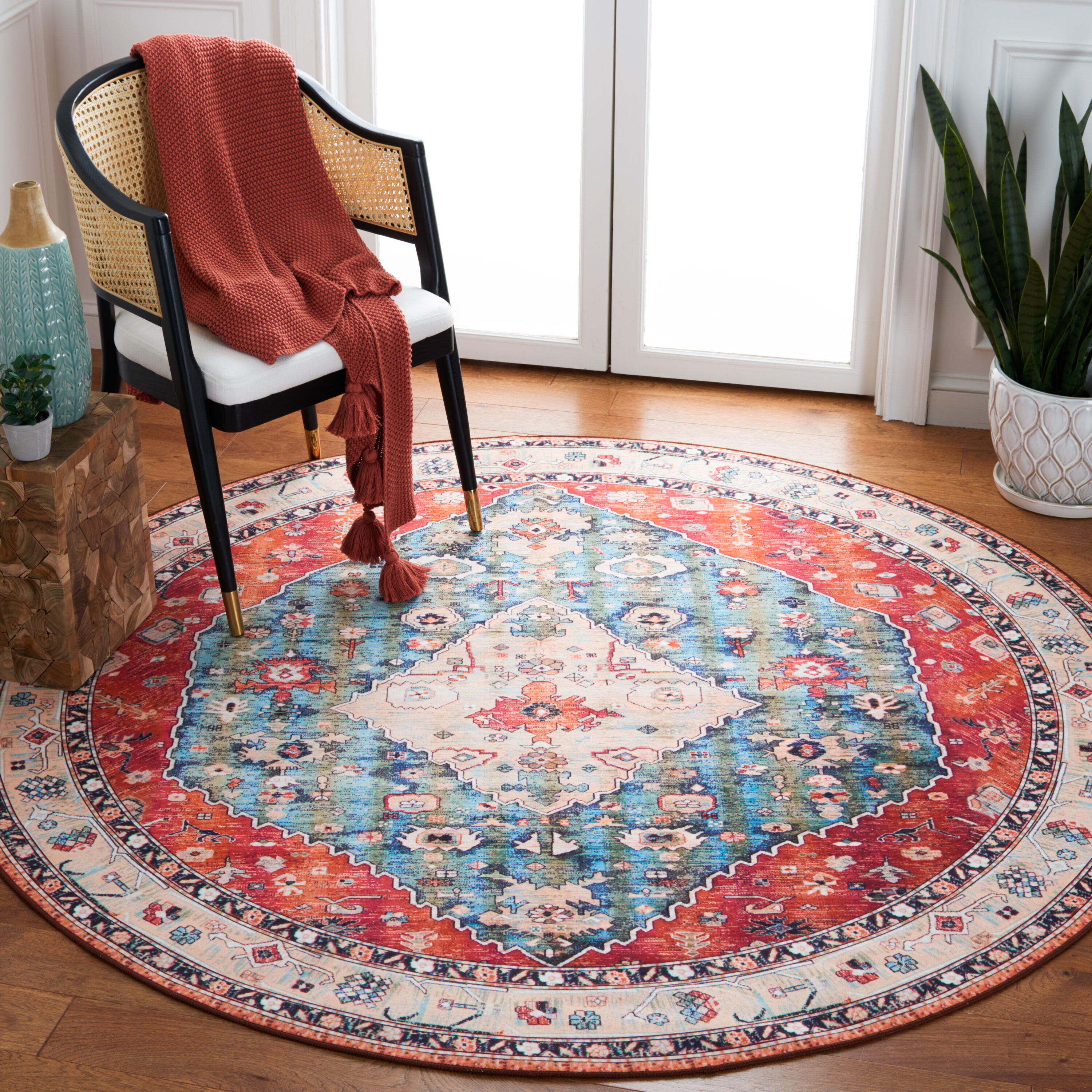 Safavieh Tucson 5 X 5 Beige/Blue Round Indoor Border Machine