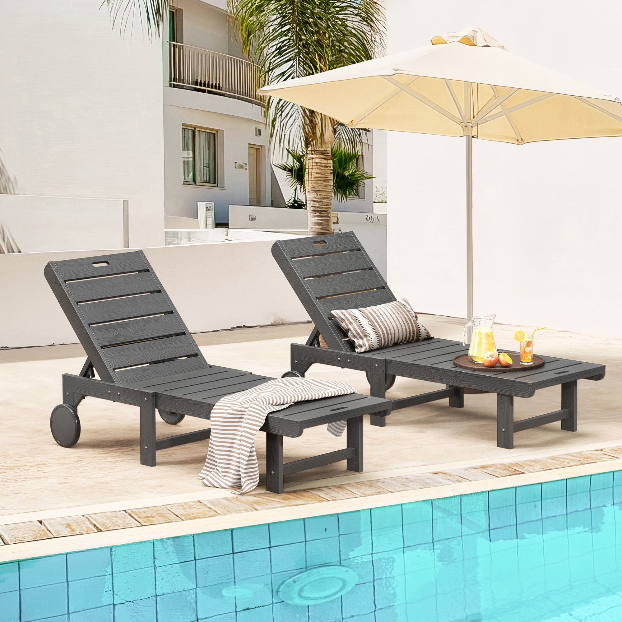 Yurevna 2JT-003-04LS Chaise lounge Set of 2 Dark Grey HDPE Frame Stationary Chaise Lounge Chair with Slat Seat