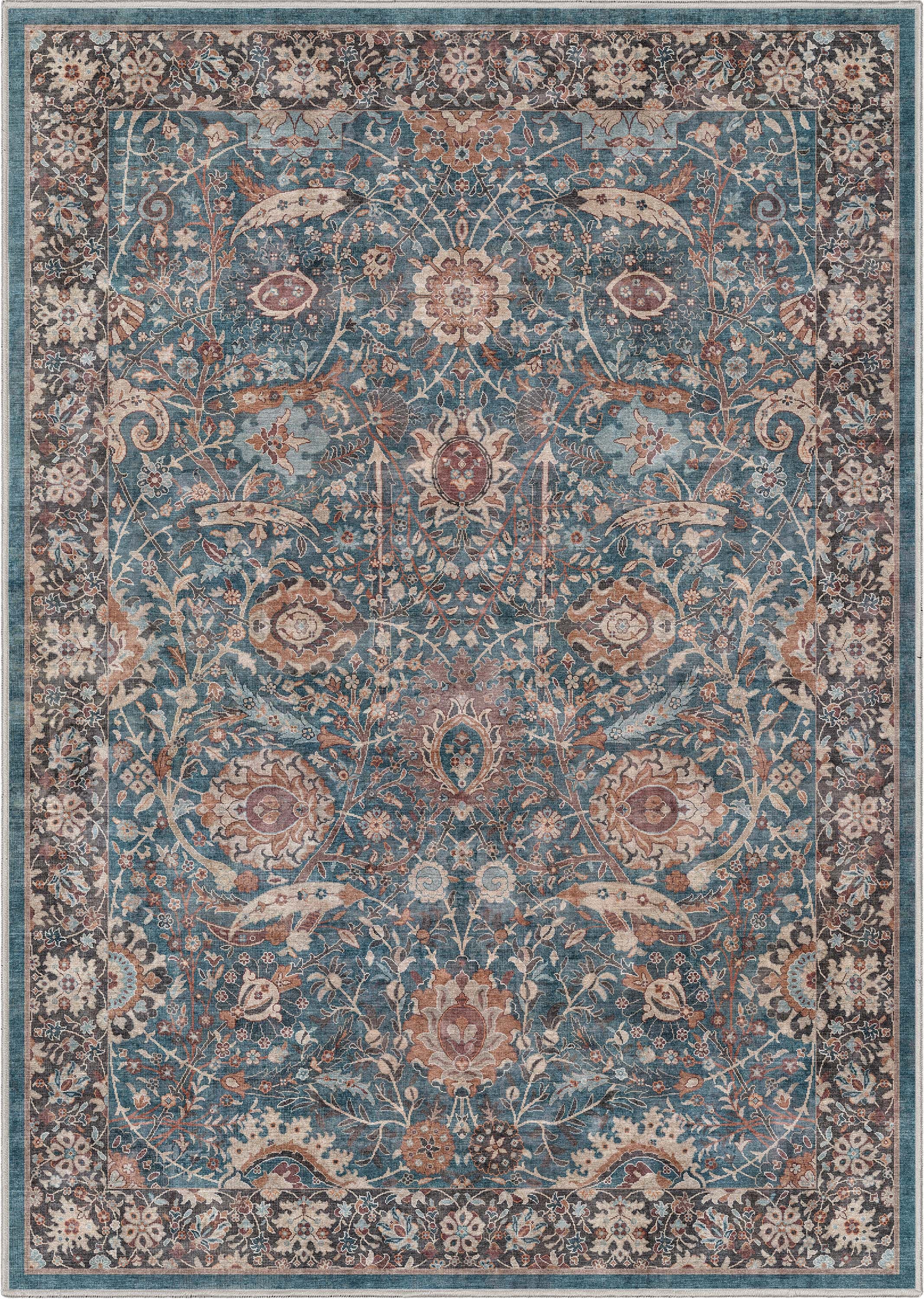 Teal Vintage Oriental Flat-Weave Washable Area Rug